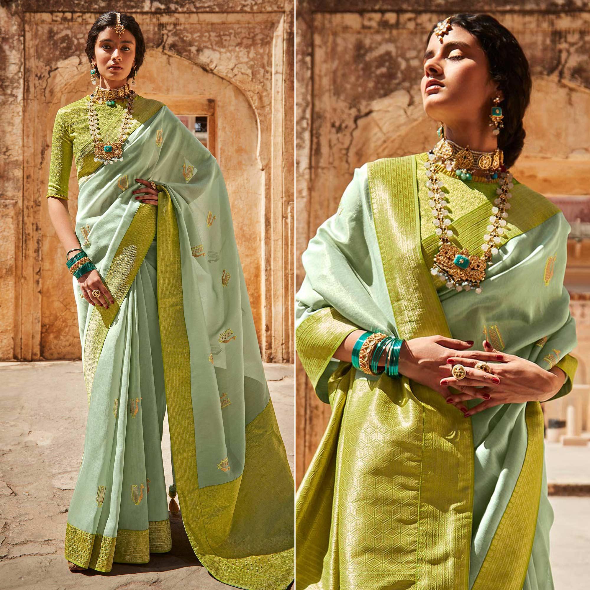 Pastel Green Festive Wear Woven-Embroidered Silk Saree - Peachmode