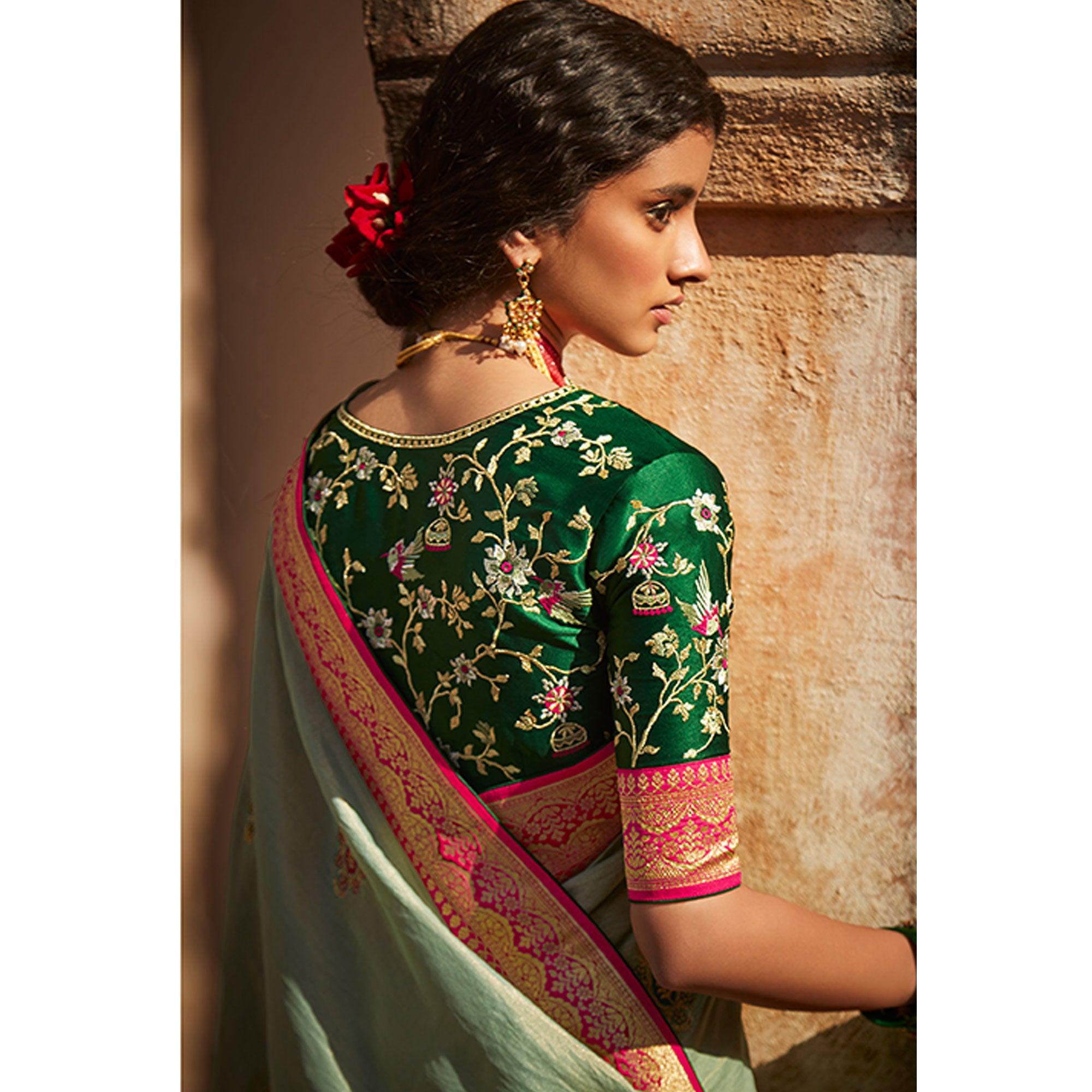 Pastel Green Festive Wear Woven-Embroidered Silk Saree - Peachmode