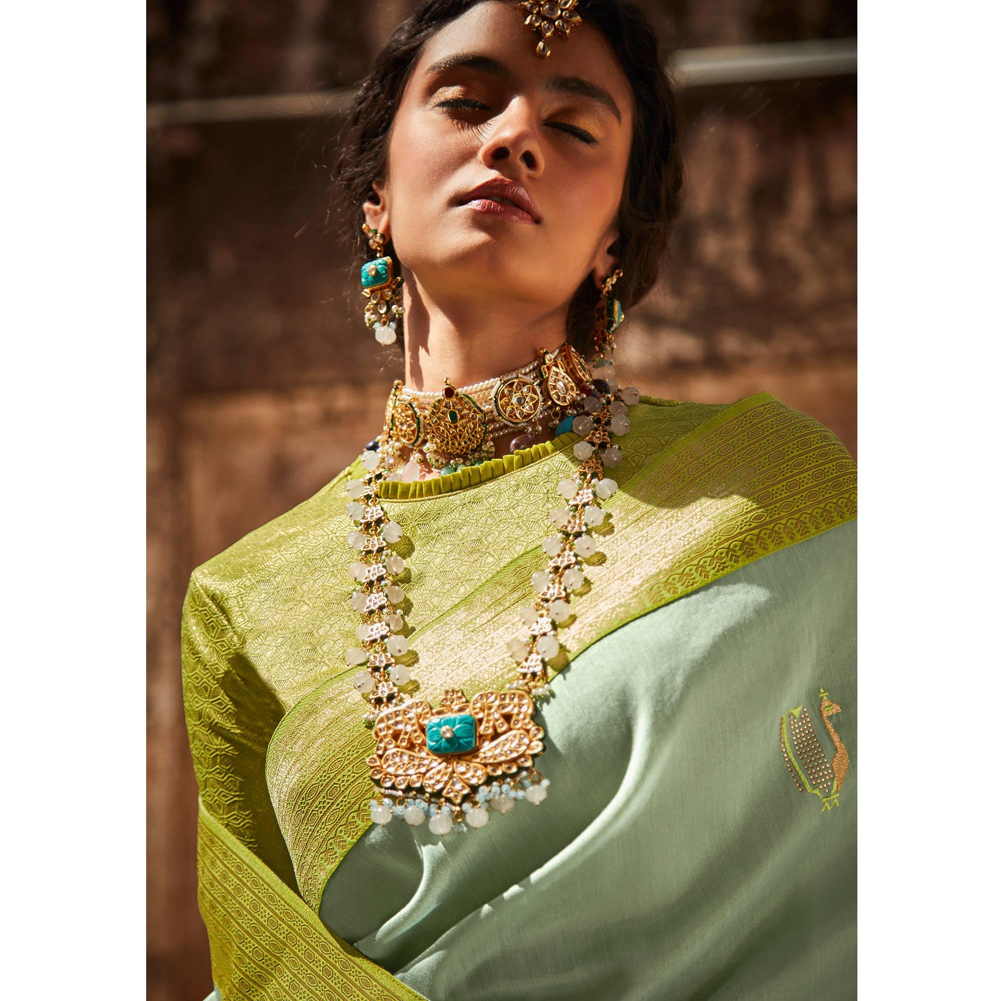 Pastel Green Festive Wear Woven-Embroidered Silk Saree - Peachmode