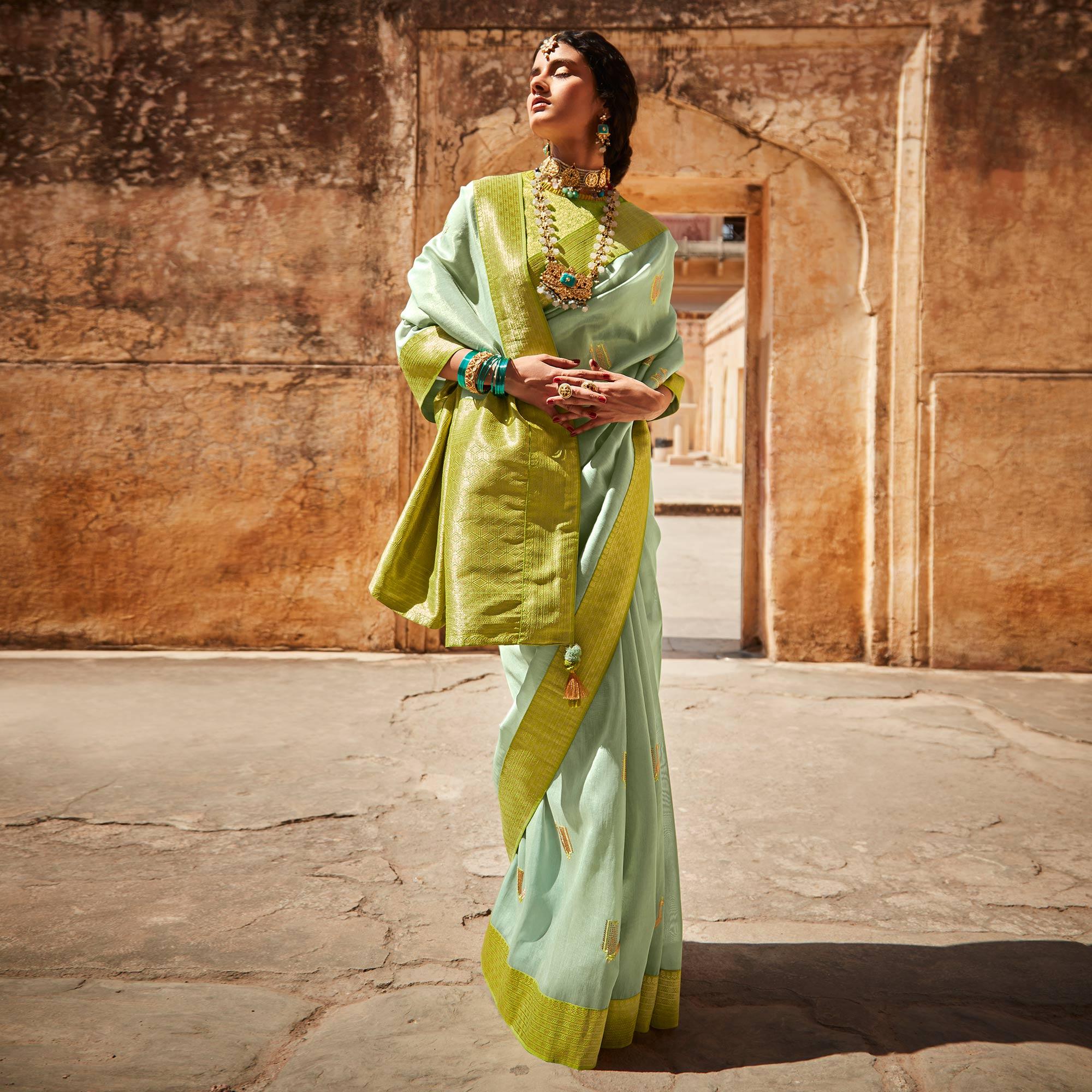 Pastel Green Festive Wear Woven-Embroidered Silk Saree - Peachmode
