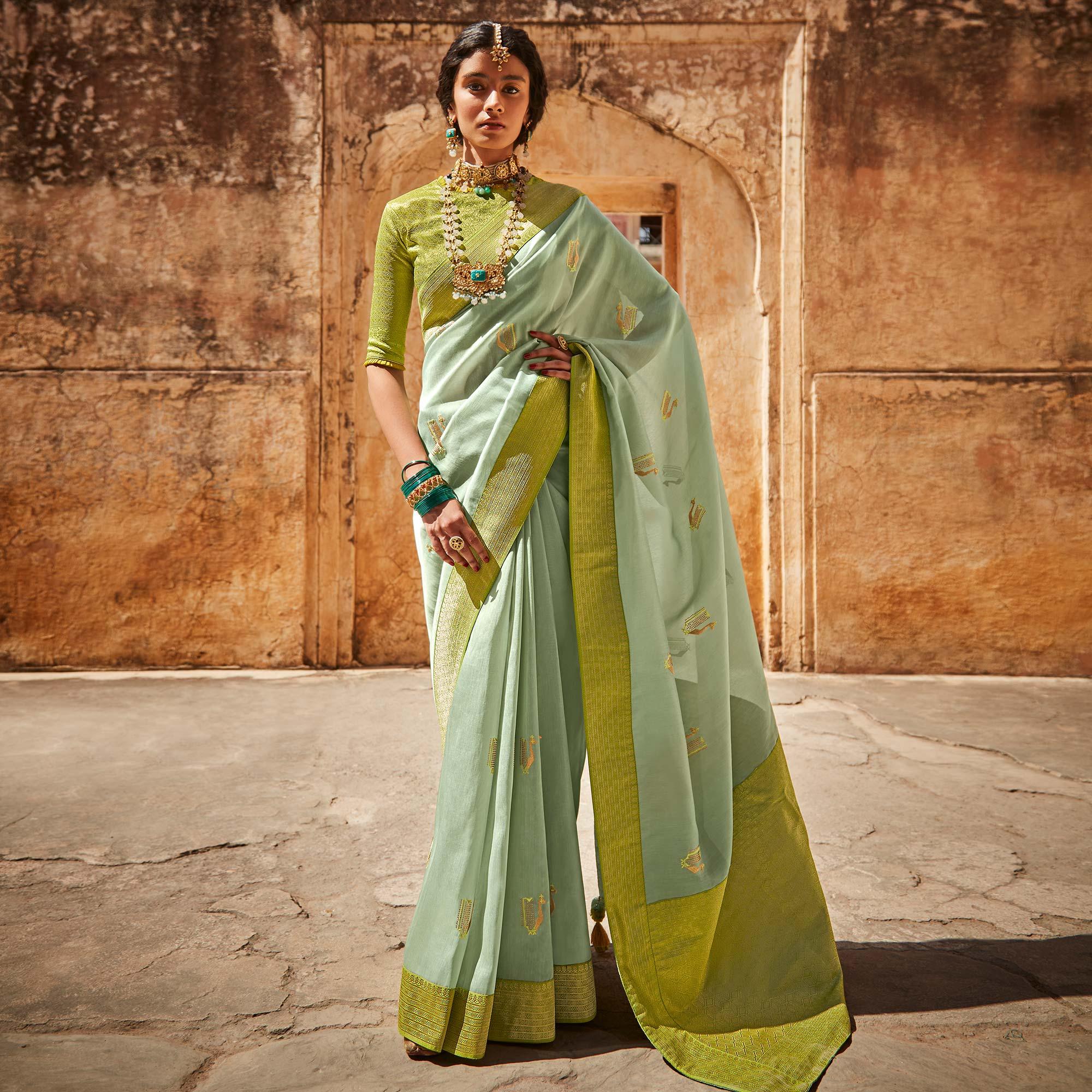 Pastel Green Festive Wear Woven-Embroidered Silk Saree - Peachmode