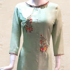 Pastel Green Floral Embroidered Satin Kurti Palazzo Set - Peachmode