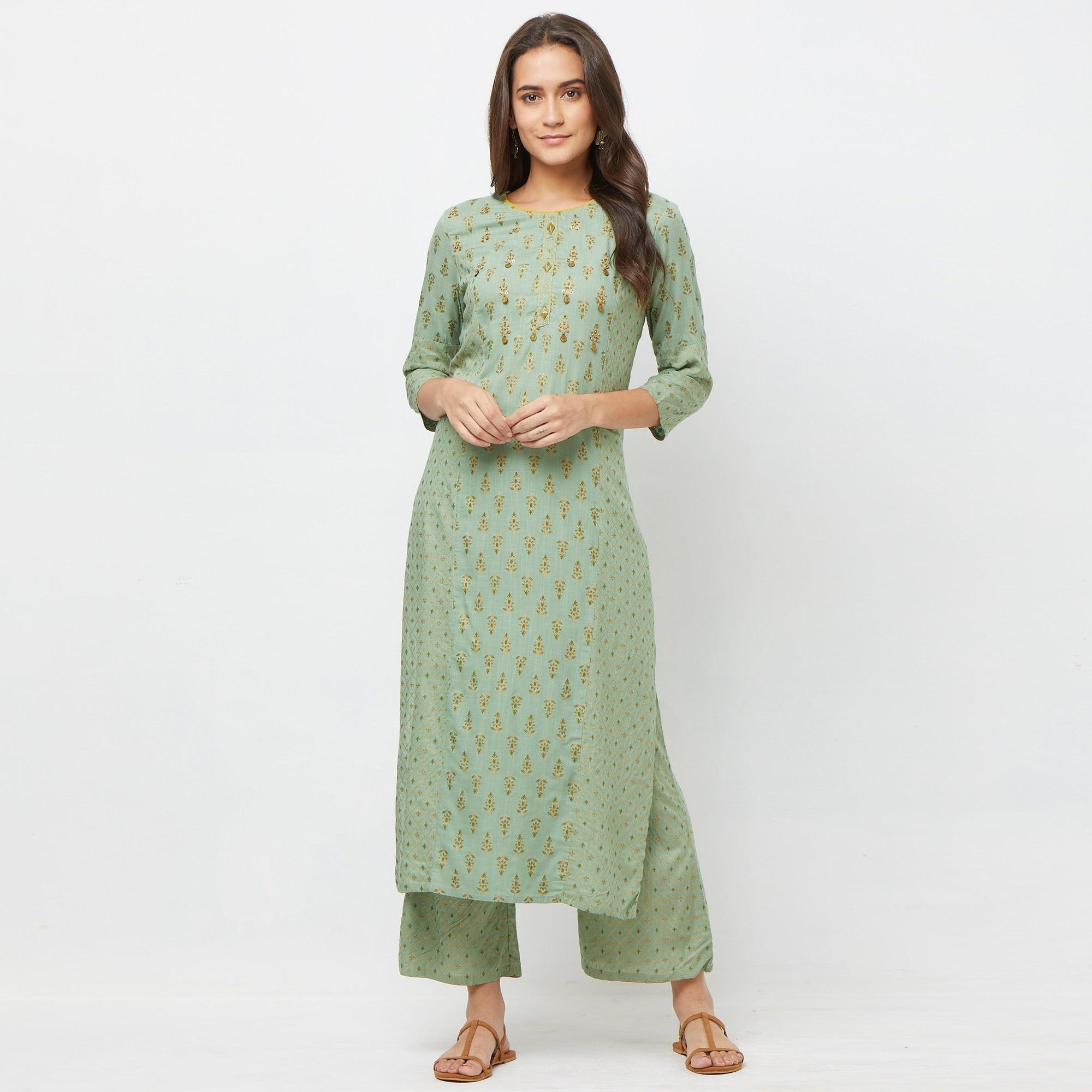 Pastel Green Printed Cotton Blend Kurti-Palazzo Set - Peachmode