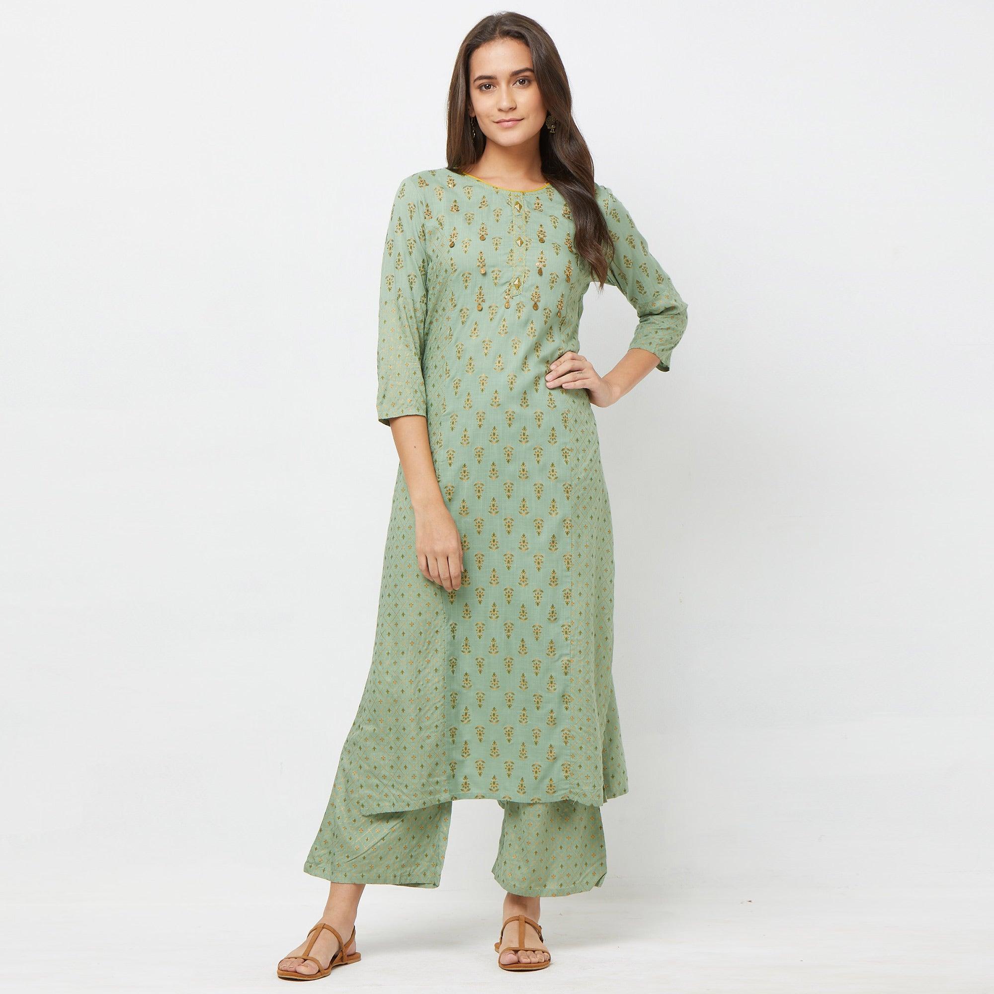 Pastel Green Printed Cotton Blend Kurti-Palazzo Set - Peachmode