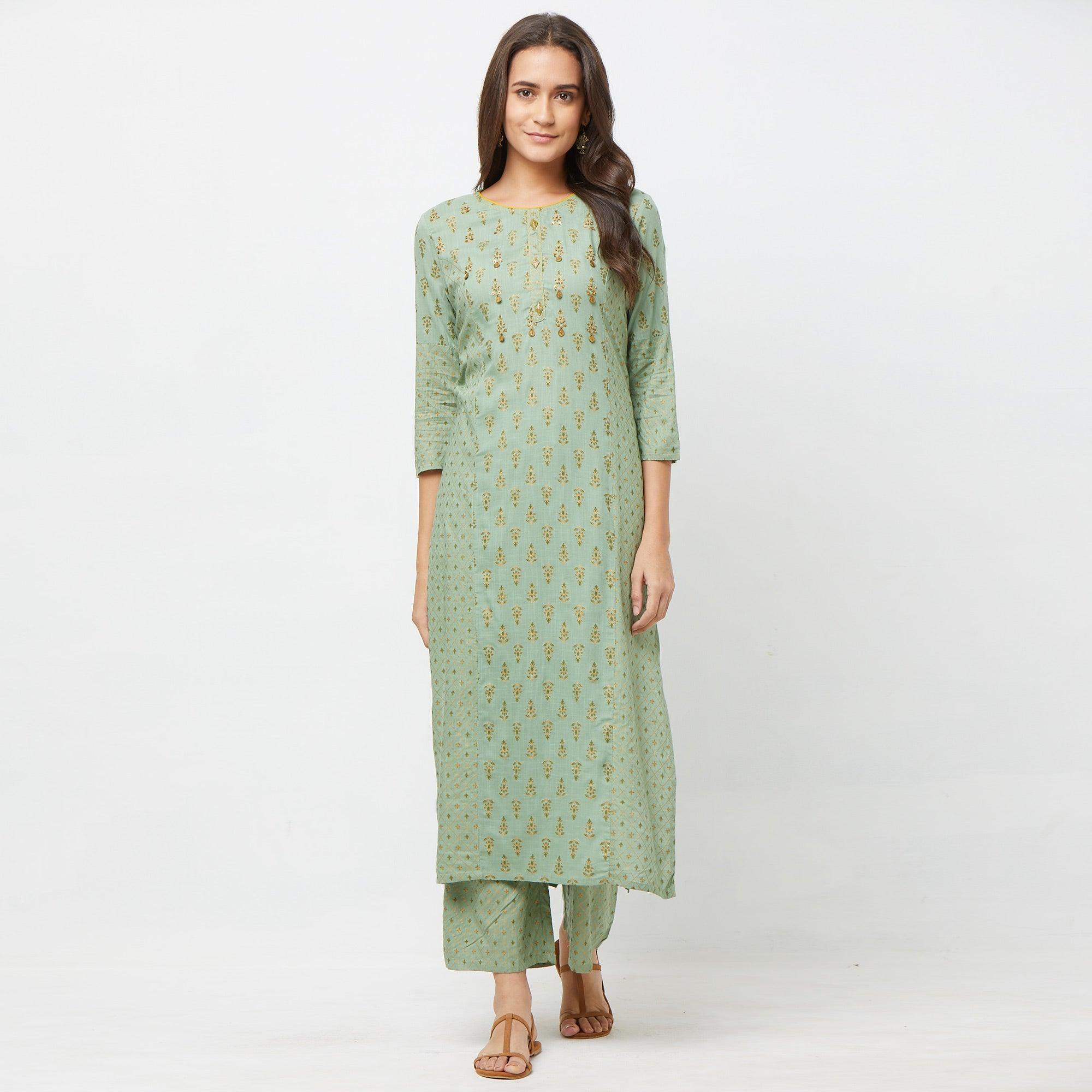 Pastel Green Printed Cotton Blend Kurti-Palazzo Set - Peachmode