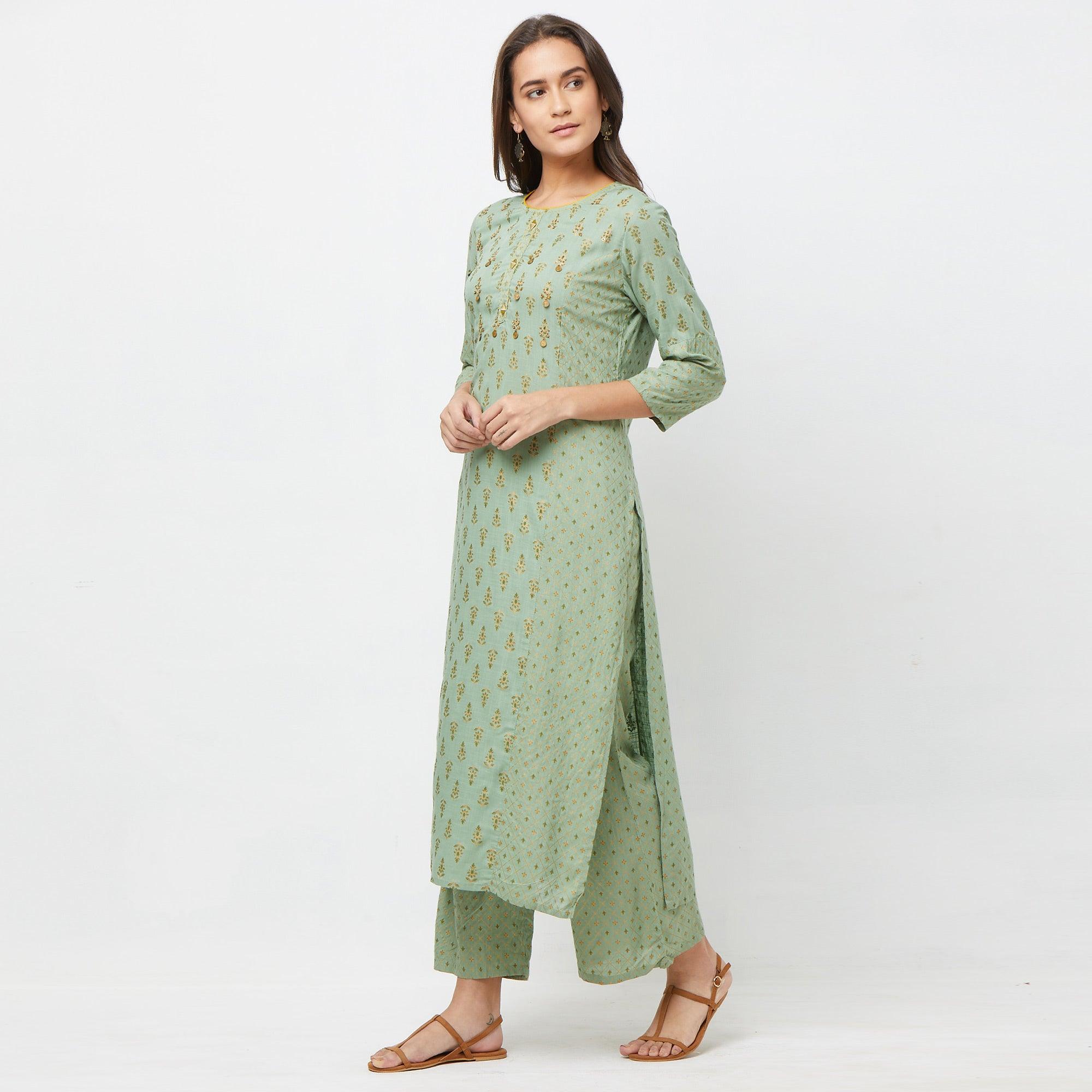 Pastel Green Printed Cotton Blend Kurti-Palazzo Set - Peachmode