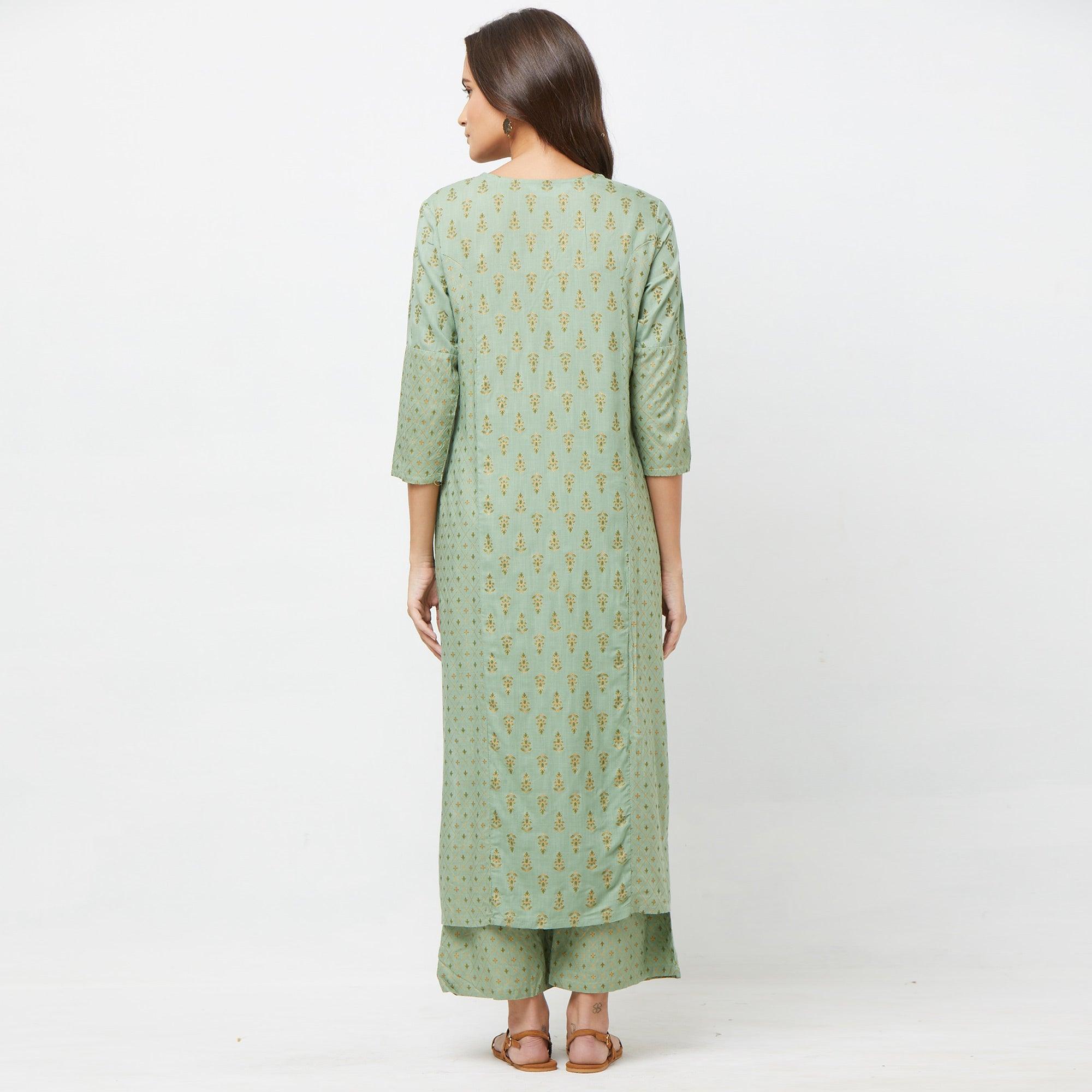 Pastel Green Printed Cotton Blend Kurti-Palazzo Set - Peachmode