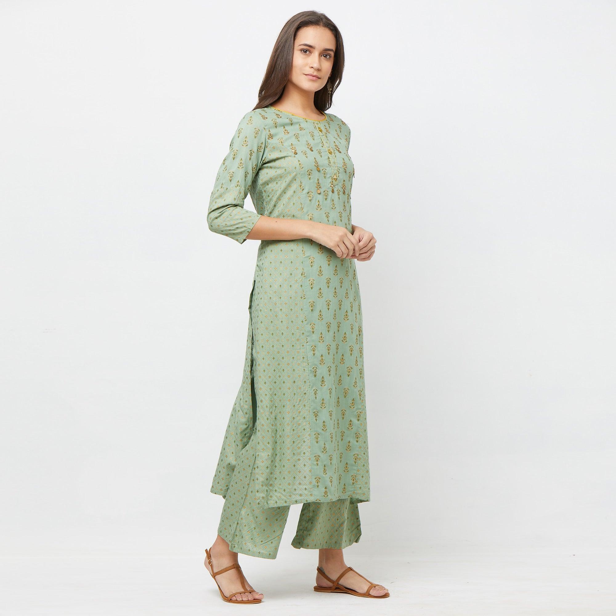 Pastel Green Printed Cotton Blend Kurti-Palazzo Set - Peachmode