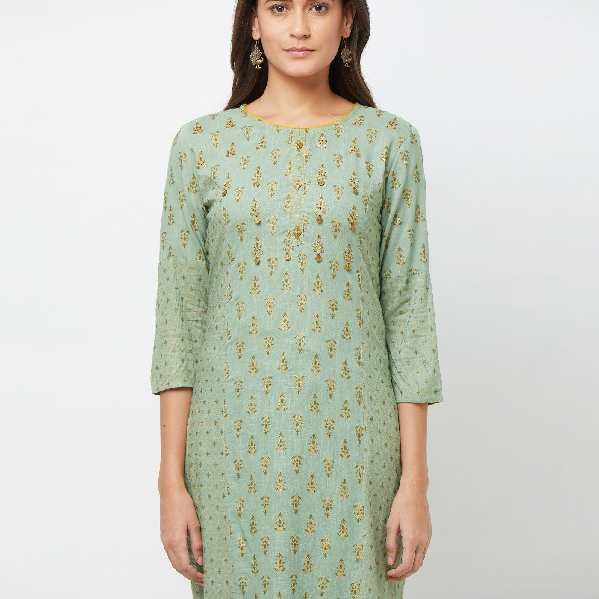 Pastel Green Printed Cotton Blend Kurti-Palazzo Set - Peachmode