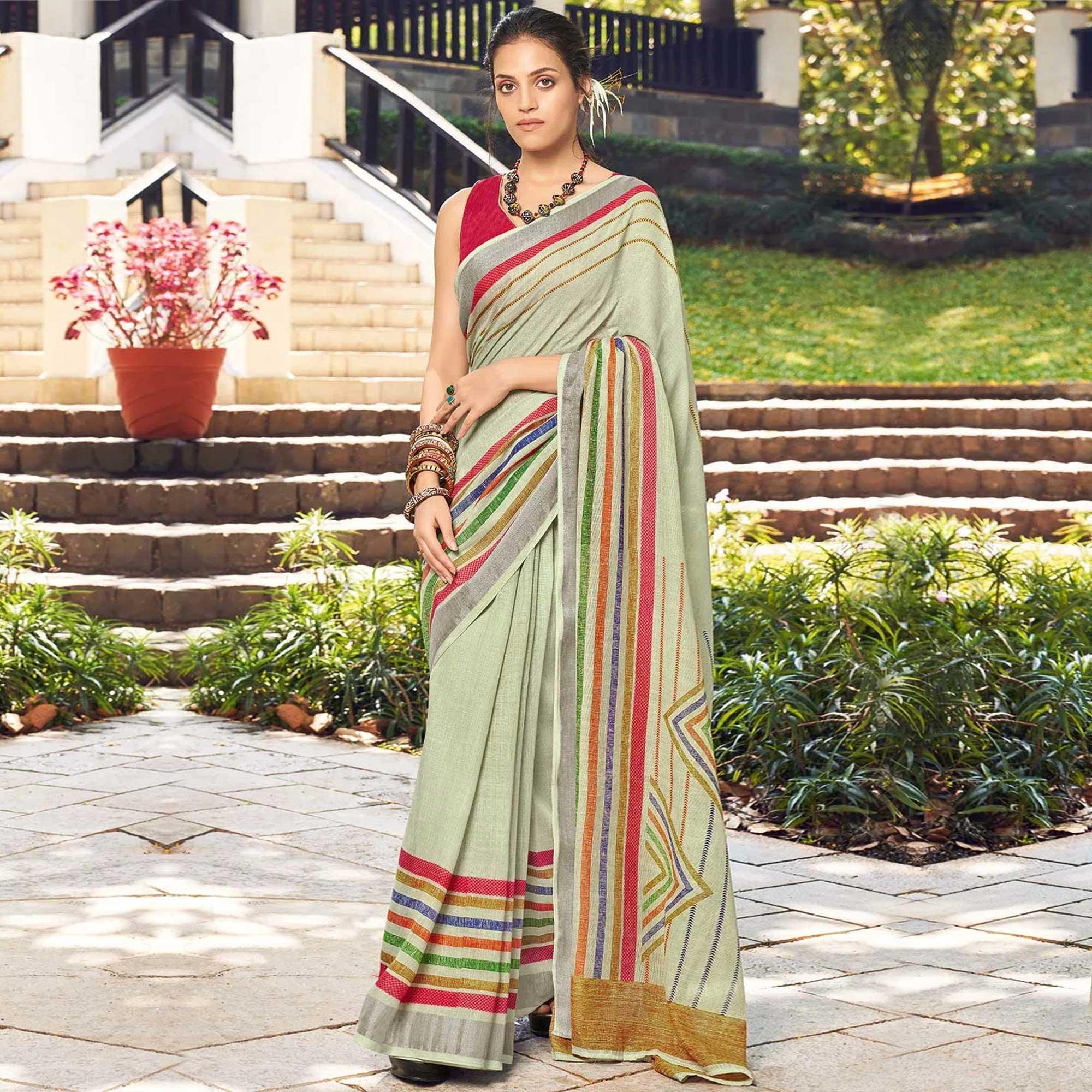 Pastel Green Printed Linen Saree - Peachmode