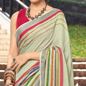 Pastel Green Printed Linen Saree - Peachmode