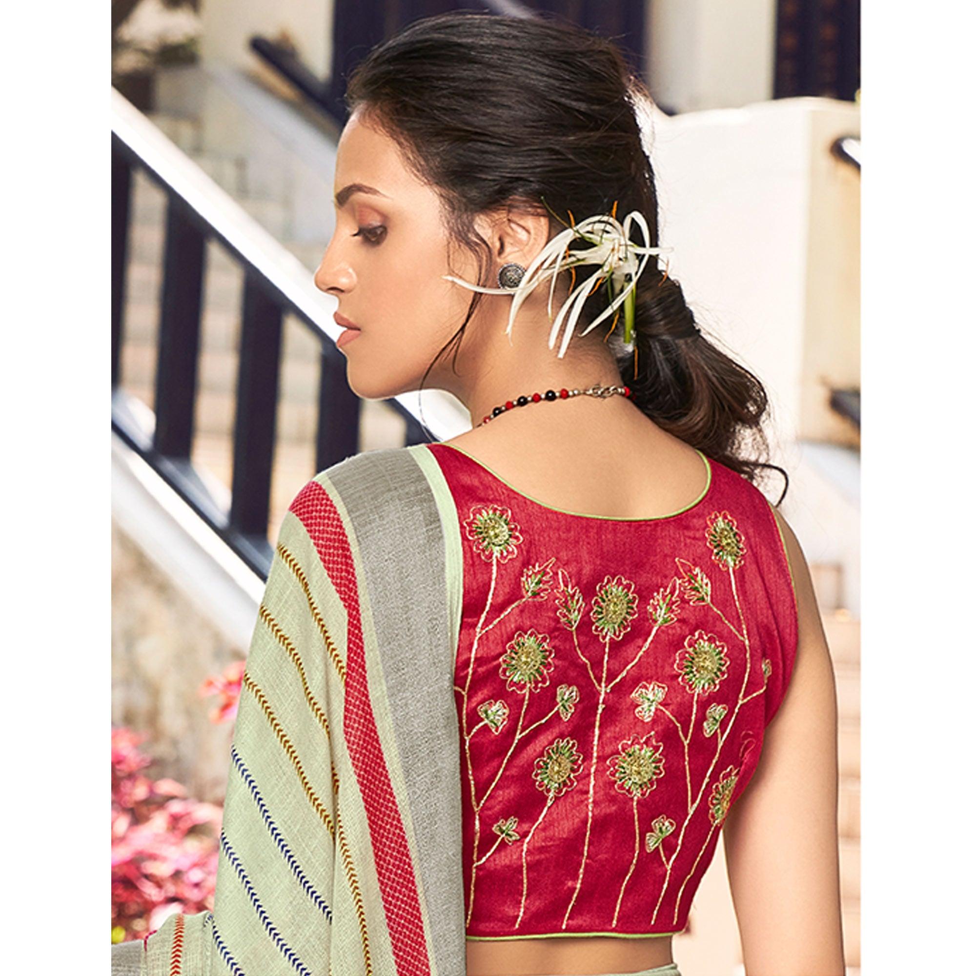 Pastel Green Printed Linen Saree - Peachmode