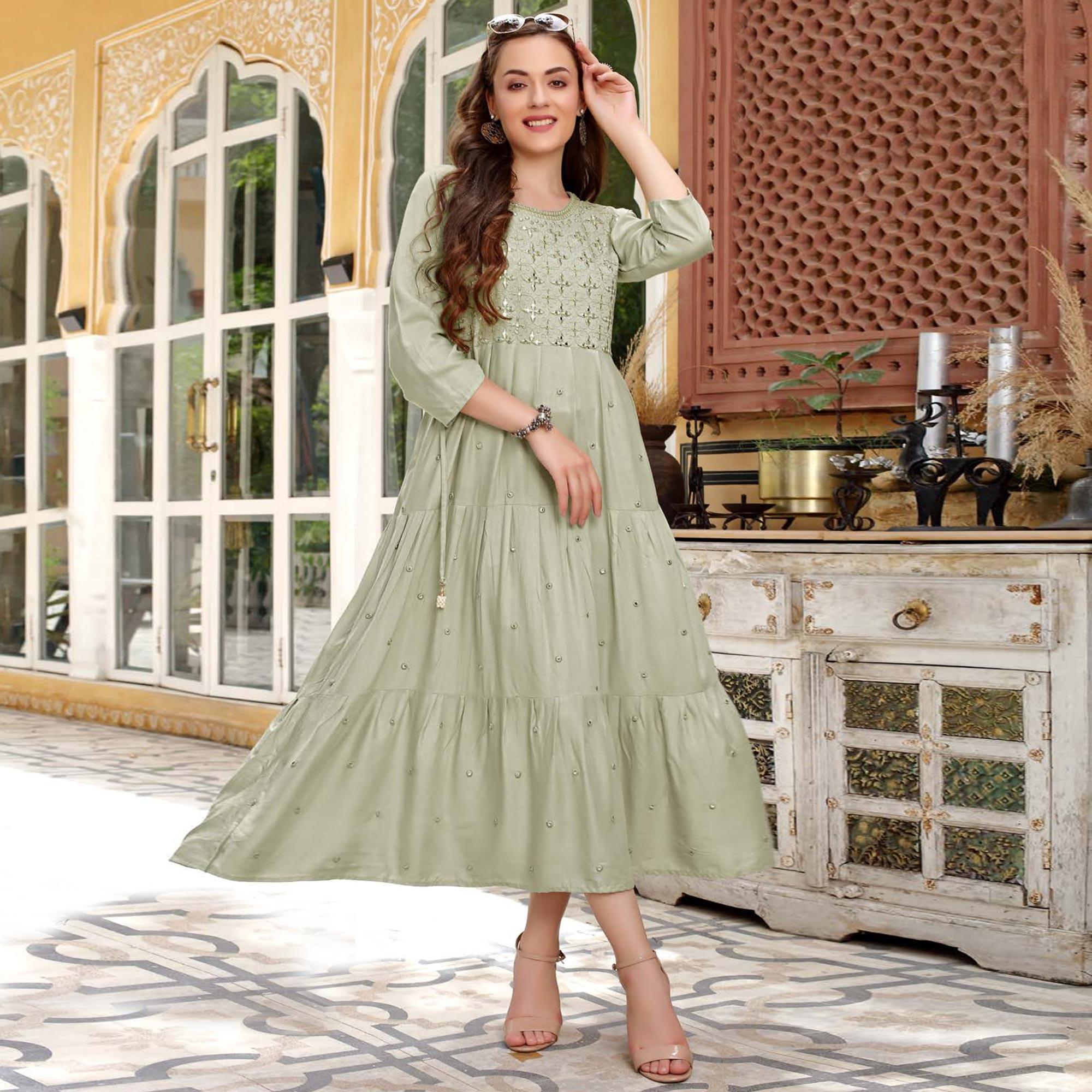 Pastel Olive Green Embroidered Poly Cotton Kurti - Peachmode