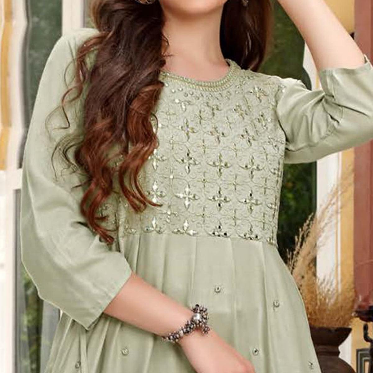 Pastel Olive Green Embroidered Poly Cotton Kurti - Peachmode