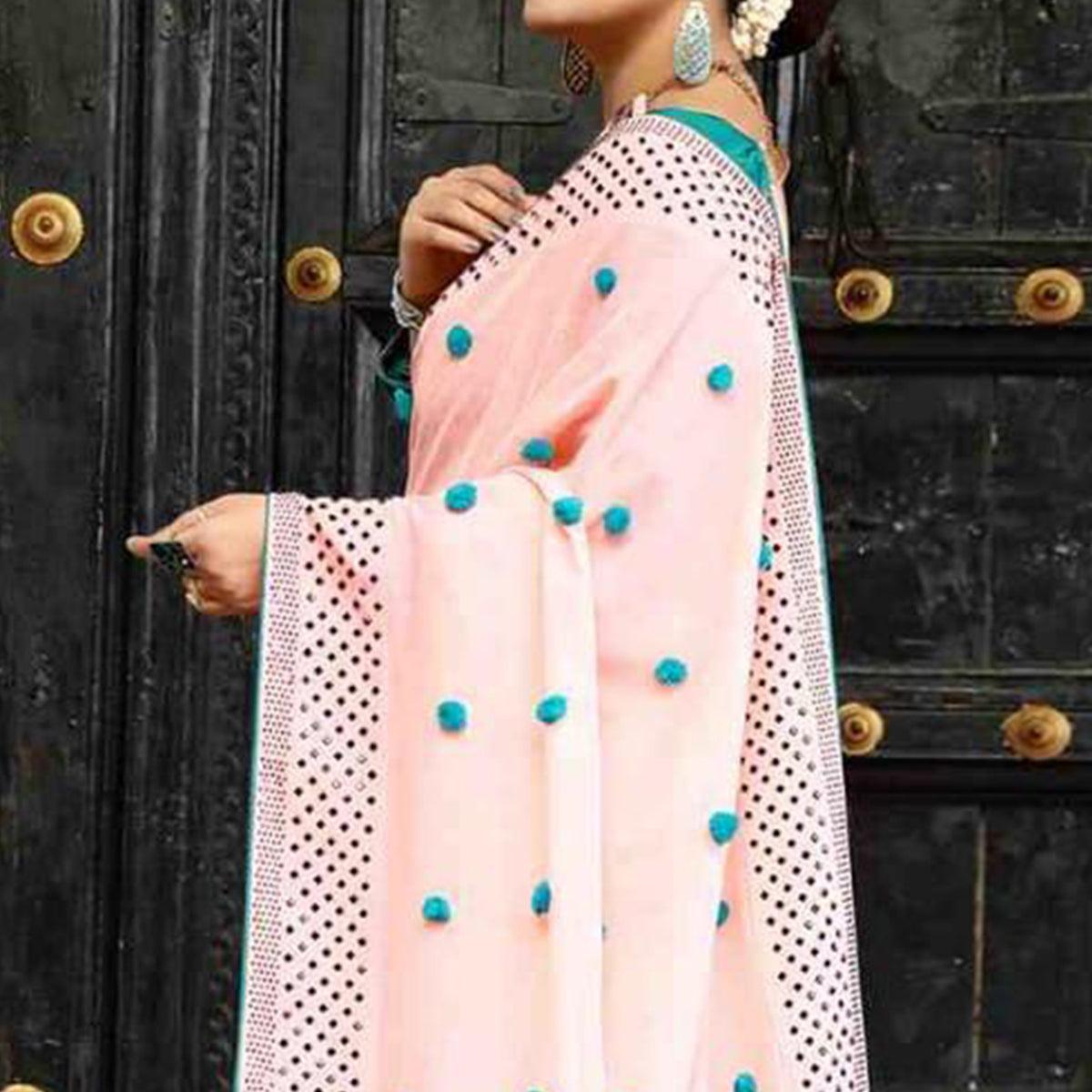 Pastel Pink Embroidered Zoya Silk Saree - Peachmode