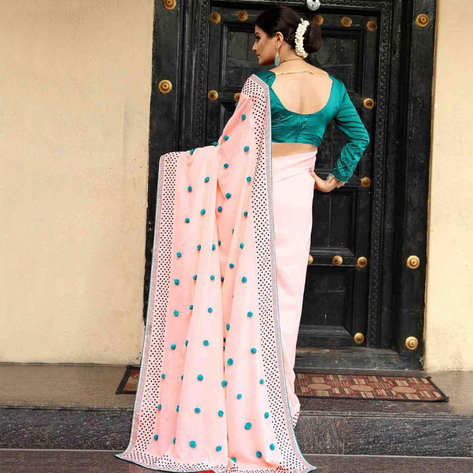 Pastel Pink Embroidered Zoya Silk Saree - Peachmode