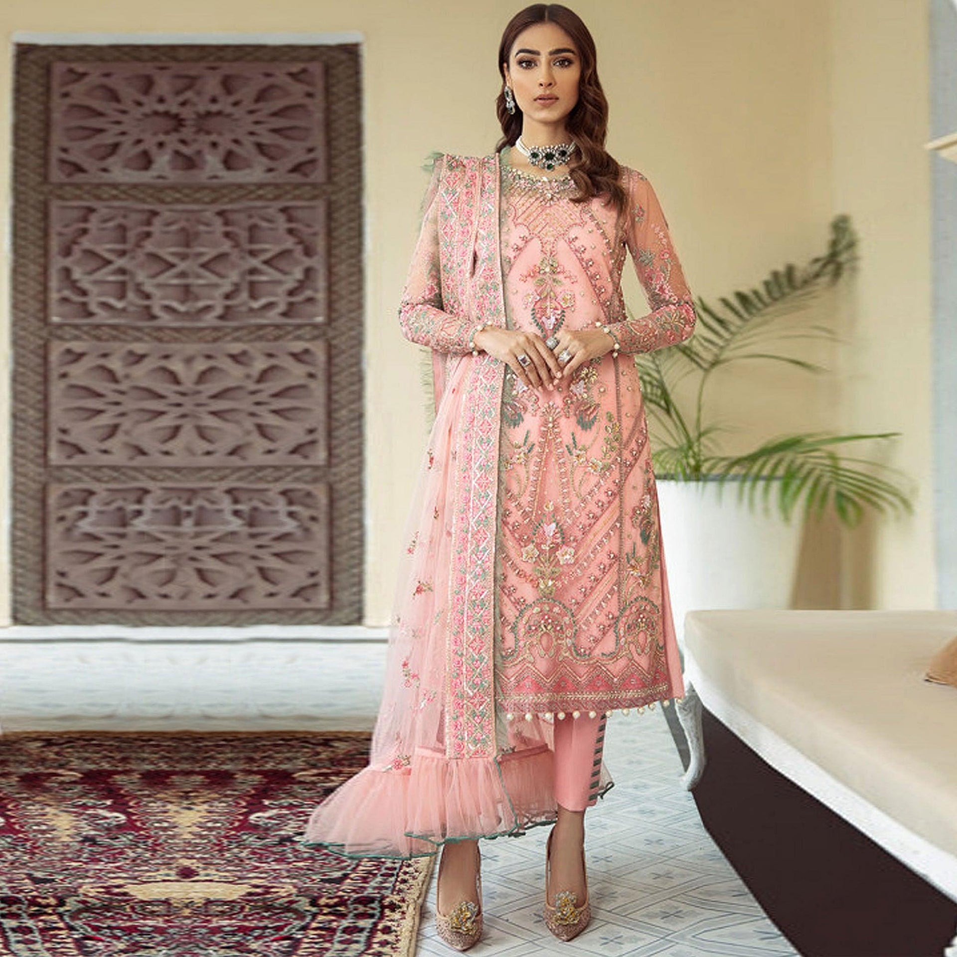 pink embroidered dress pakistani Baby pink laced pakistani kurta set main image 0