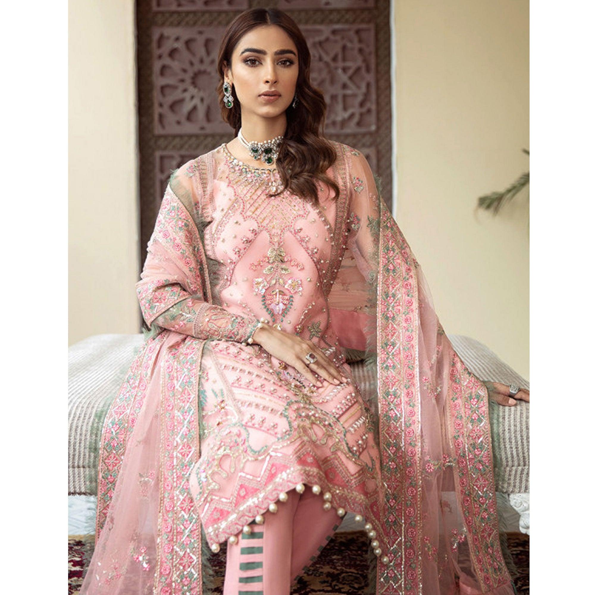 Pastel Pink Party Wear Embroidered Georgette Pakistani Suit - Peachmode