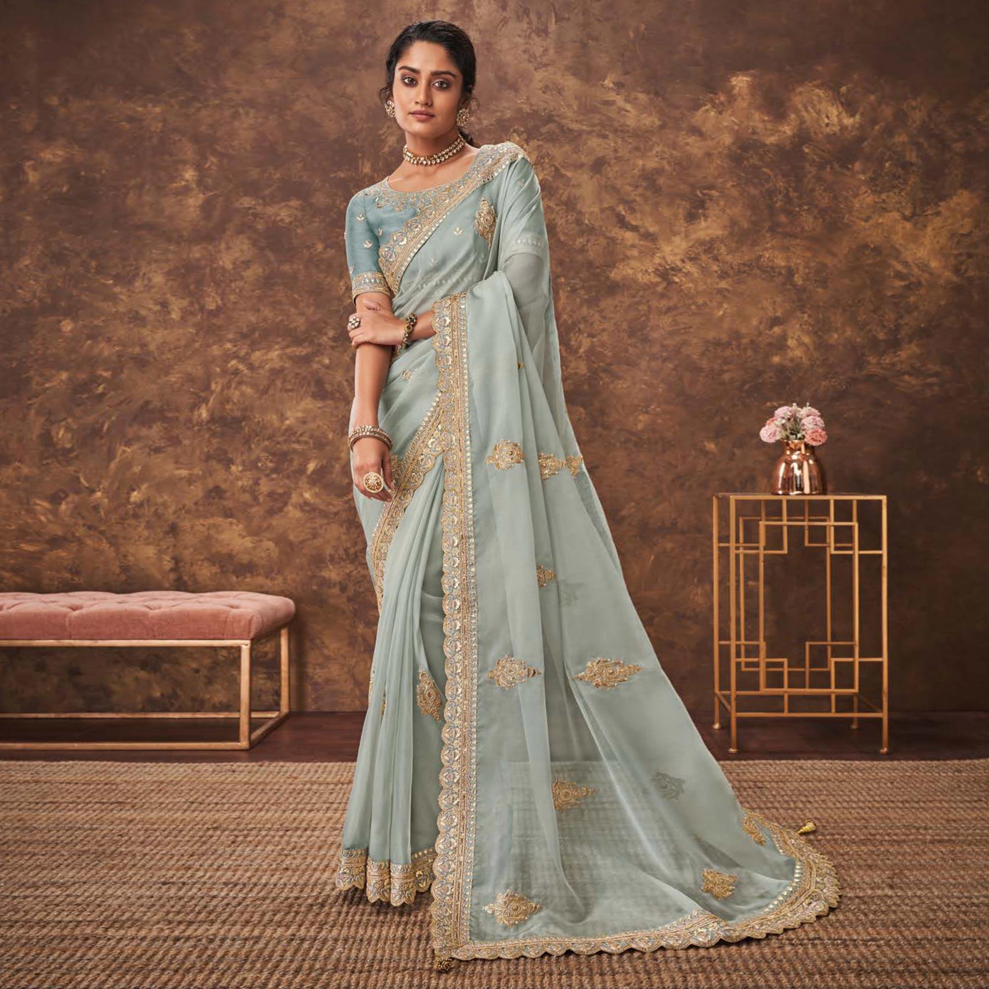 Pastel Stone Blue Party Wear Embroidery With Sequence Work Organza Saree - Peachmode