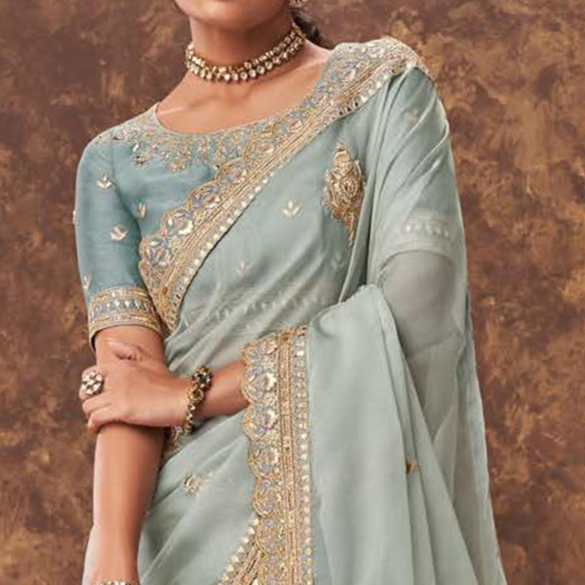 Pastel Stone Blue Party Wear Embroidery With Sequence Work Organza Saree - Peachmode