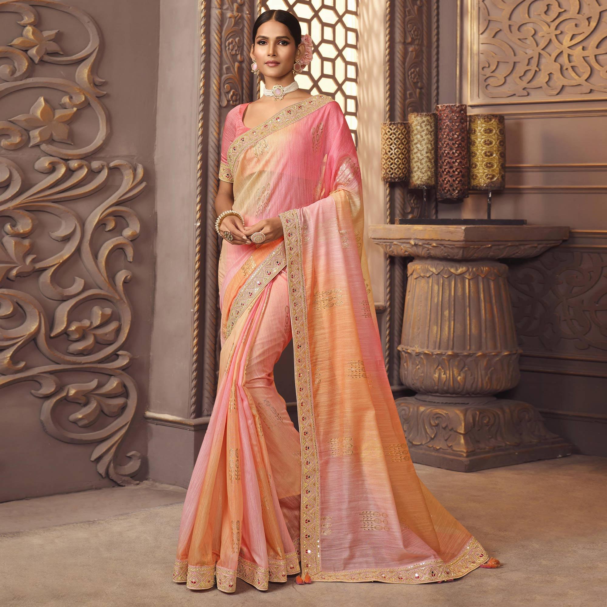 Peach & Pink Woven With Fancy Border Organza Saree - Peachmode