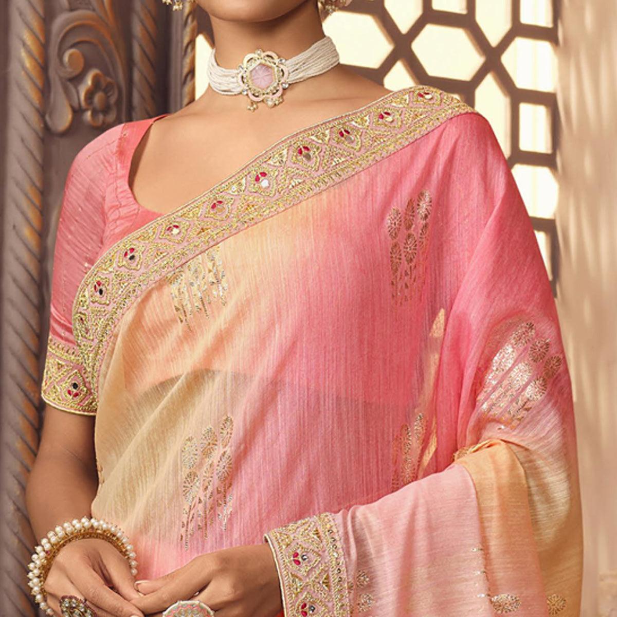 Peach & Pink Woven With Fancy Border Organza Saree - Peachmode