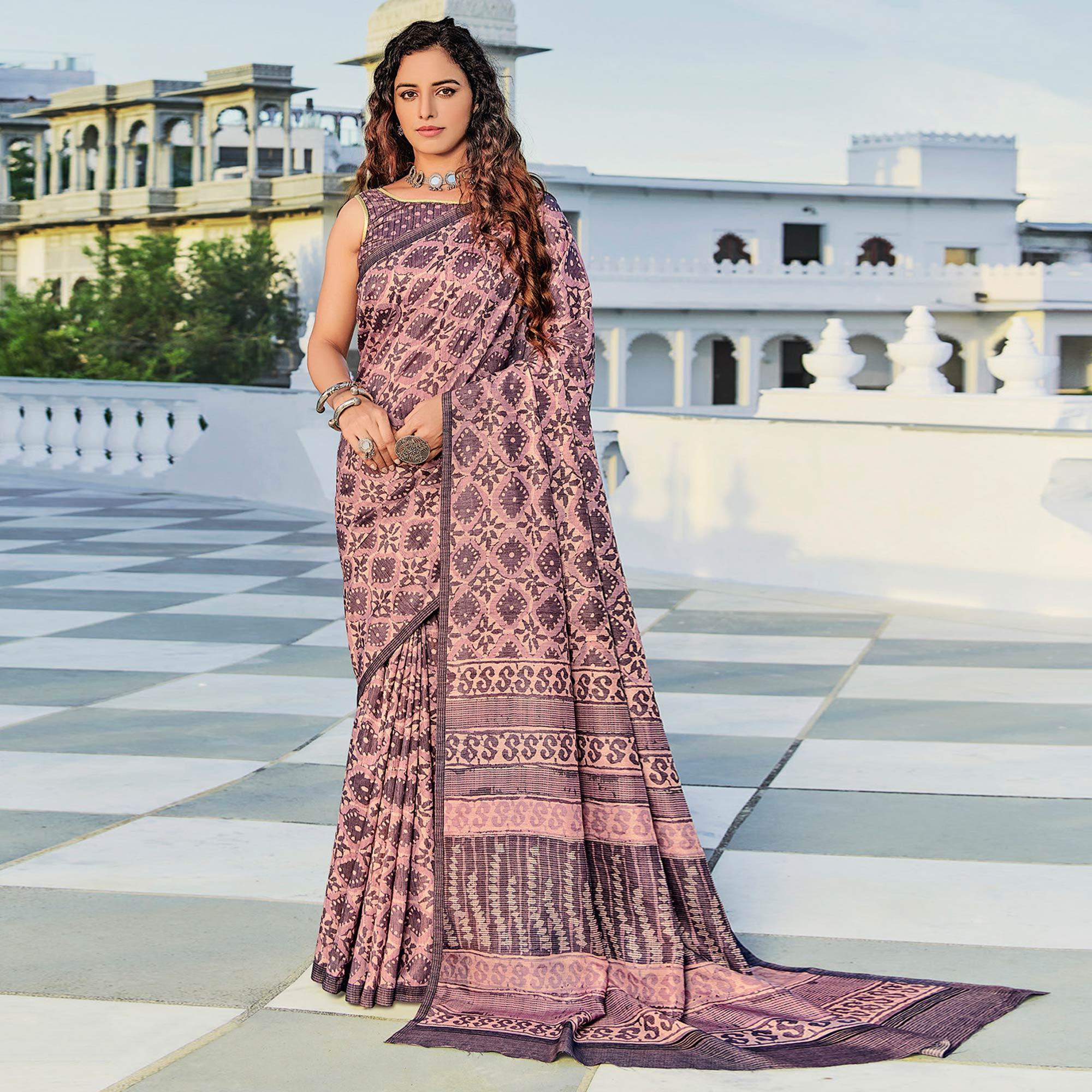 Peach & Purple Printed Cotton Silk Saree - Peachmode