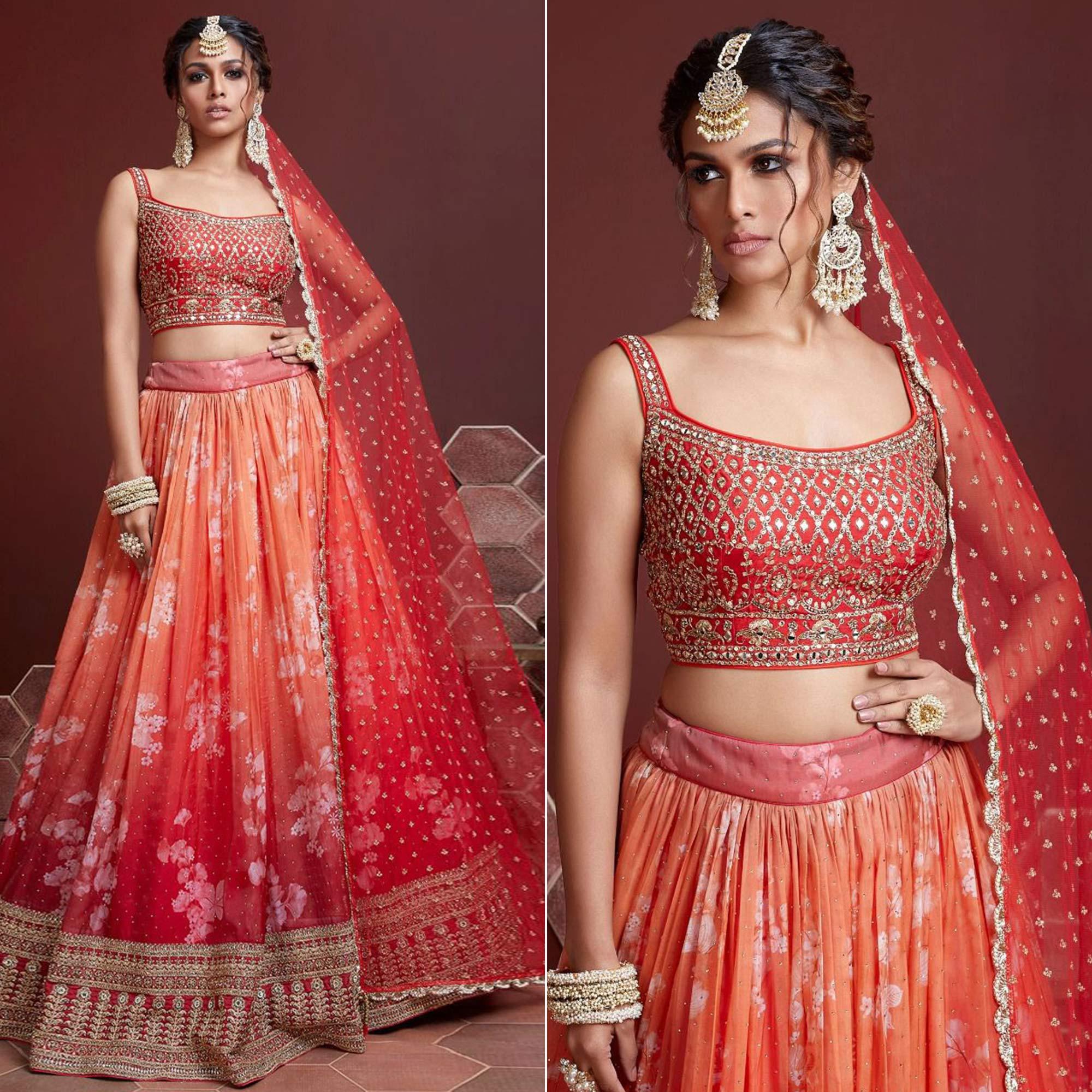 Peach & Red Party Wear Embroidered & embellished Silk Lehenga Choli - Peachmode