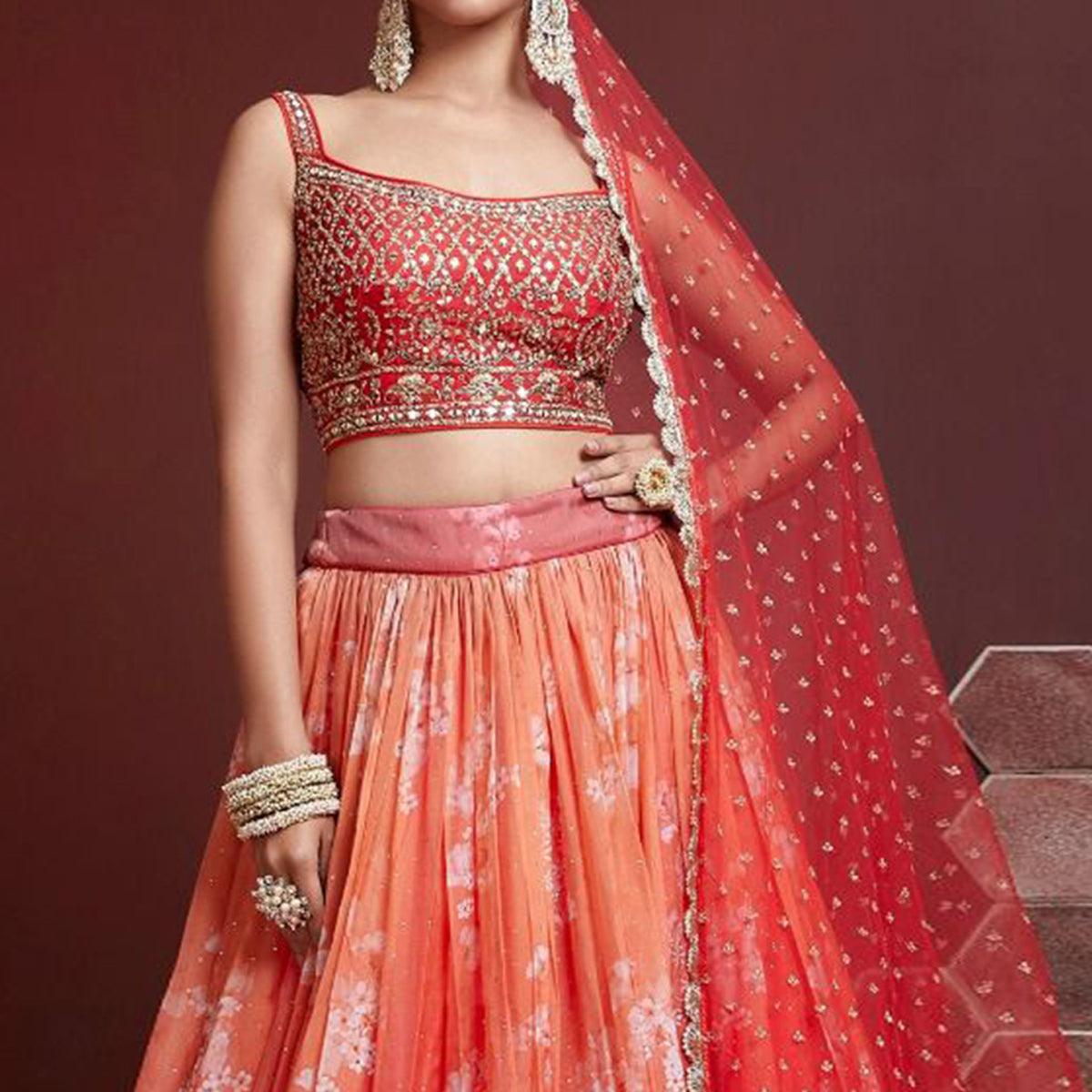 Peach & Red Party Wear Embroidered & embellished Silk Lehenga Choli - Peachmode