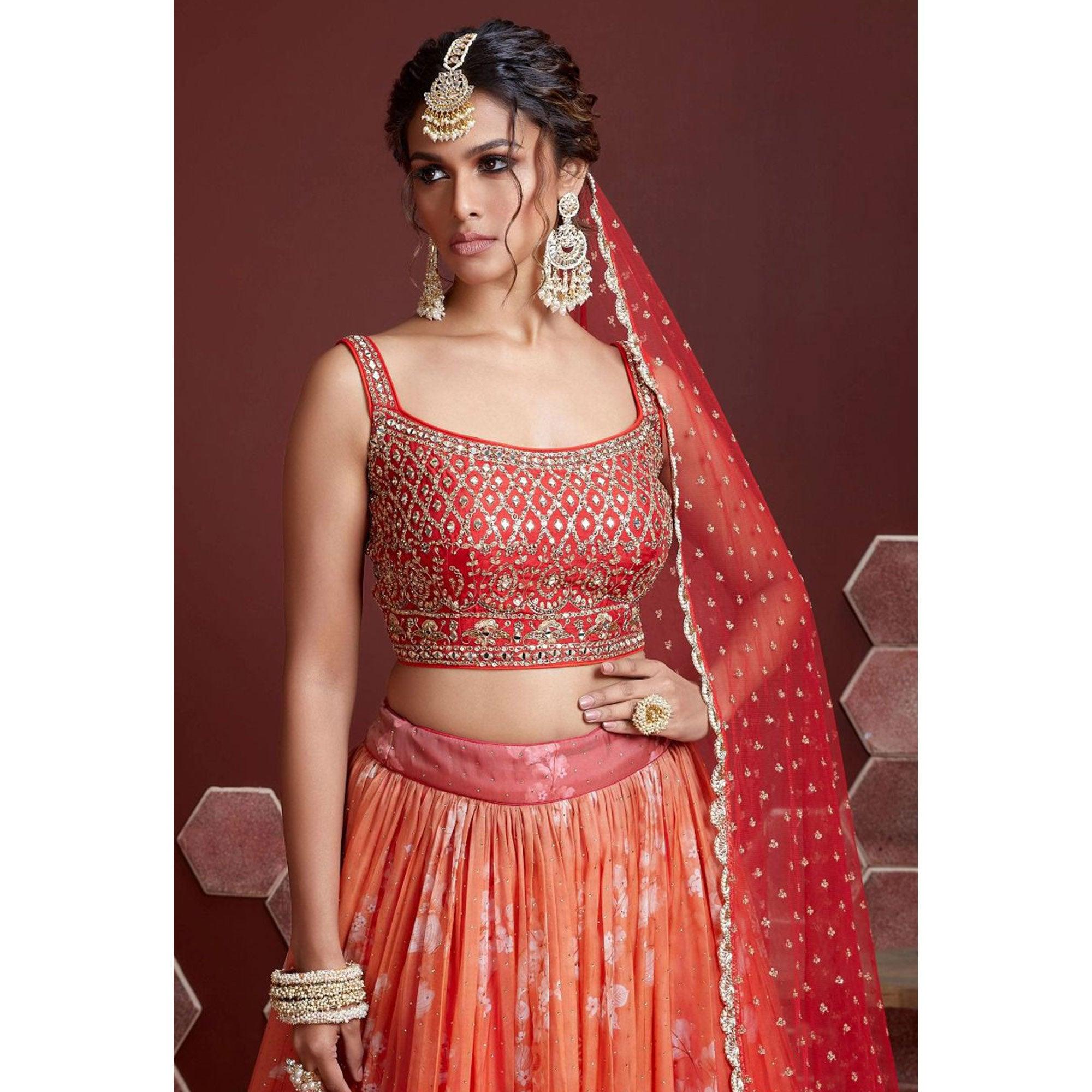 Peach & Red Party Wear Embroidered & embellished Silk Lehenga Choli - Peachmode