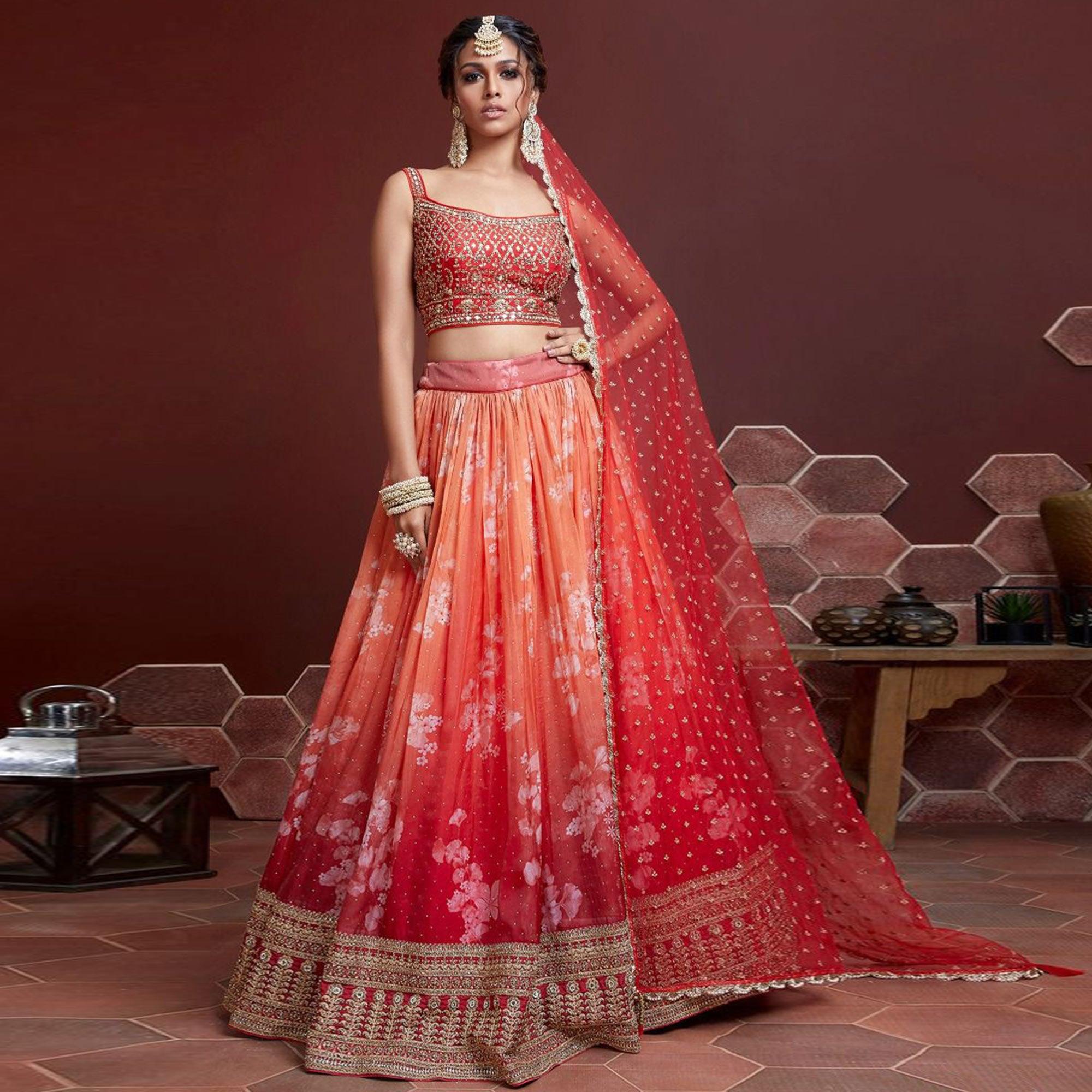 Peach & Red Party Wear Embroidered & embellished Silk Lehenga Choli - Peachmode