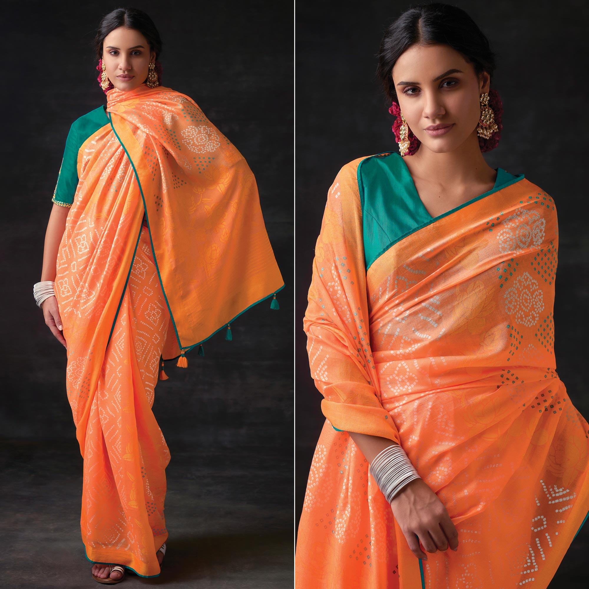 Peach Bandhani Printed Brasso Saree - Peachmode