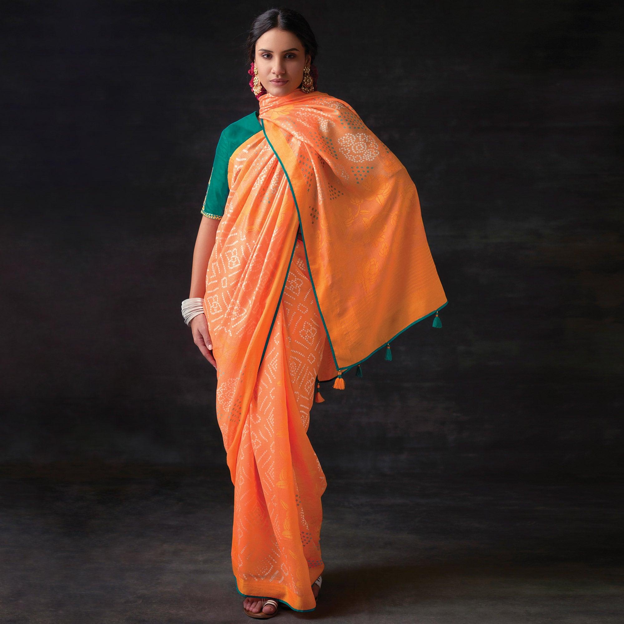 Peach Bandhani Printed Brasso Saree - Peachmode