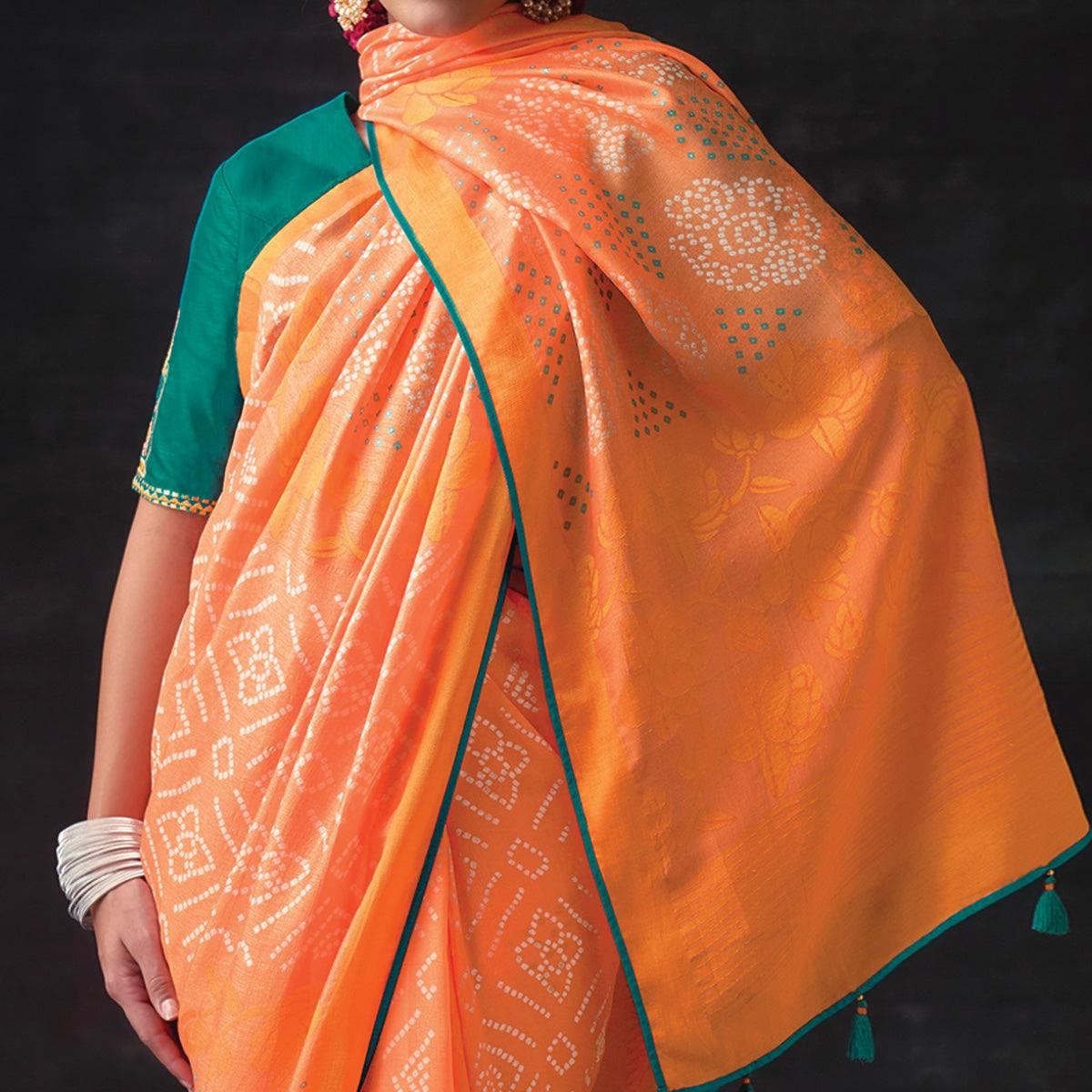 Peach Bandhani Printed Brasso Saree - Peachmode