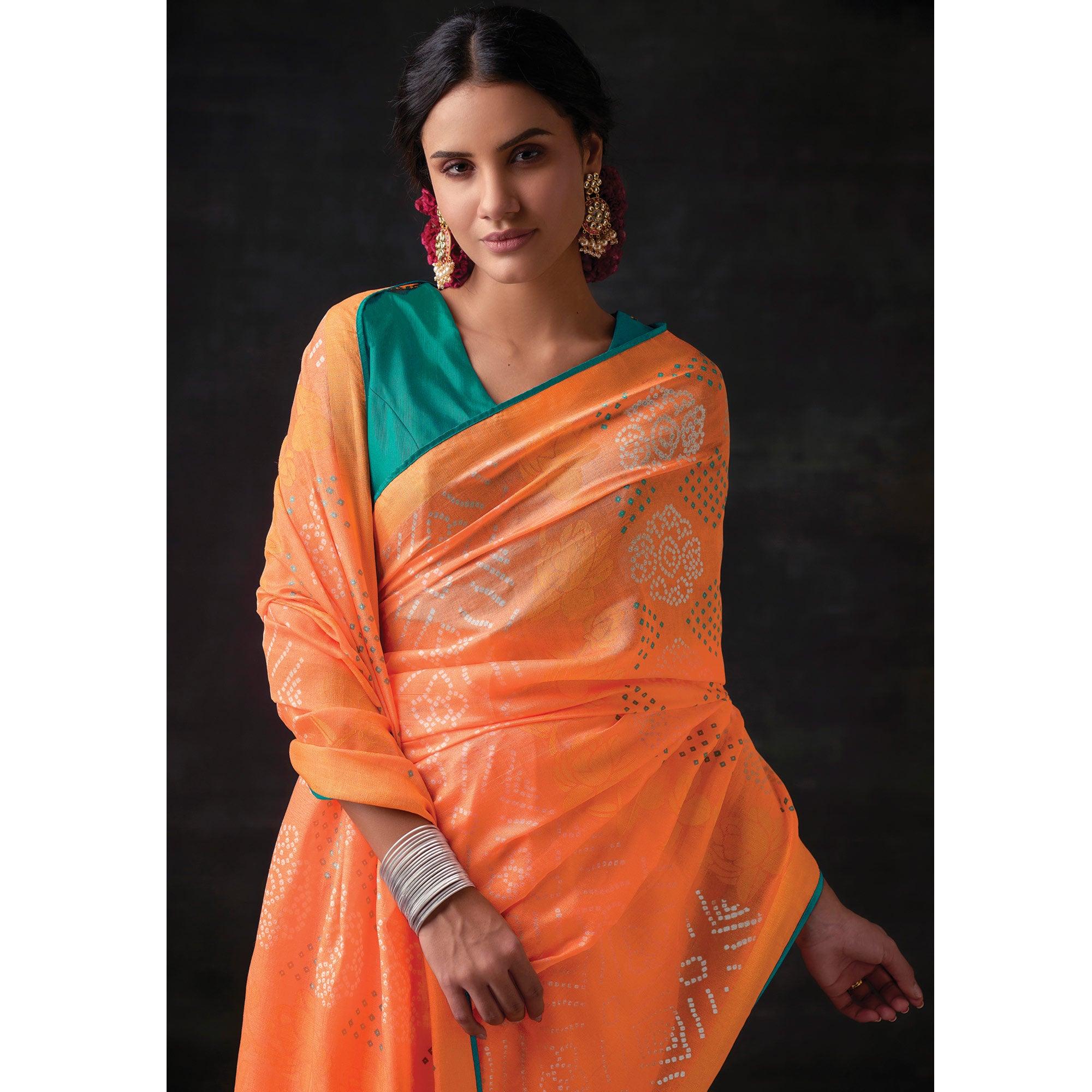 Peach Bandhani Printed Brasso Saree - Peachmode