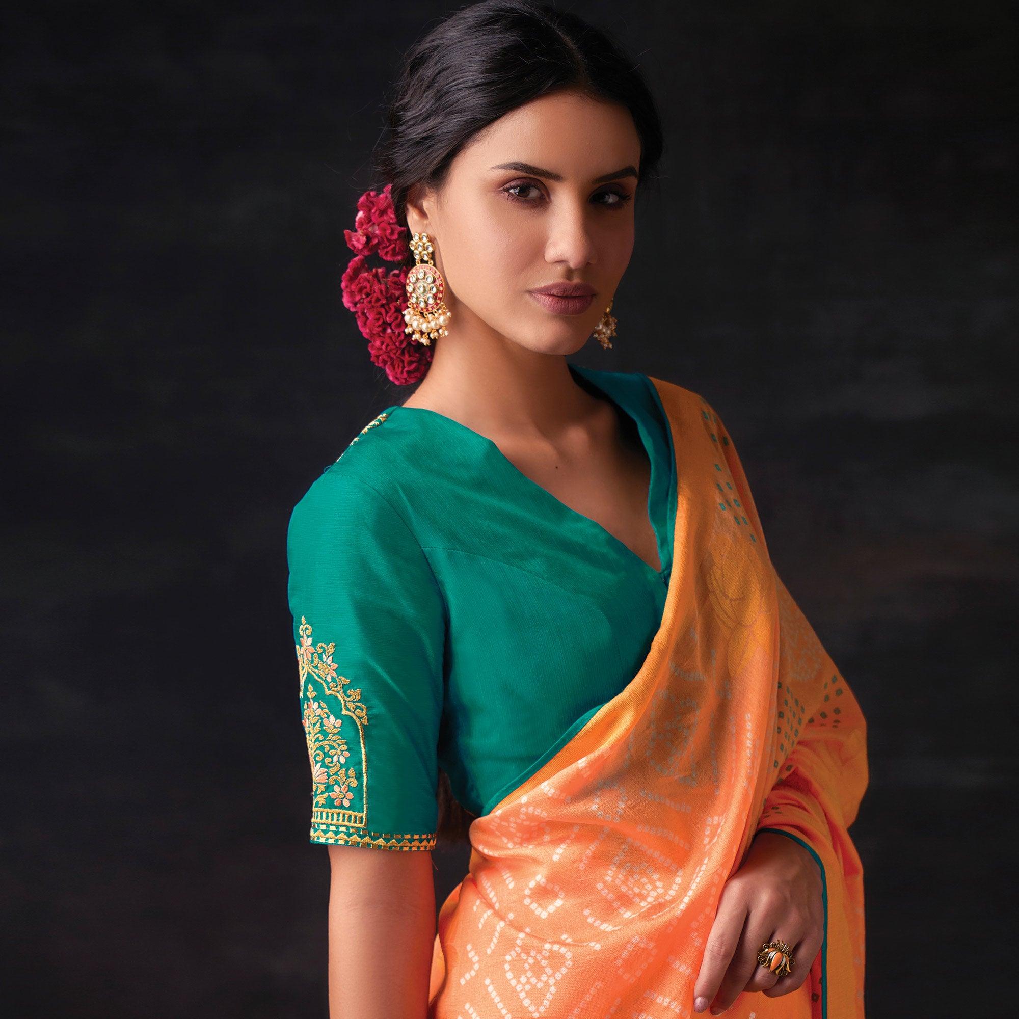 Peach Bandhani Printed Brasso Saree - Peachmode