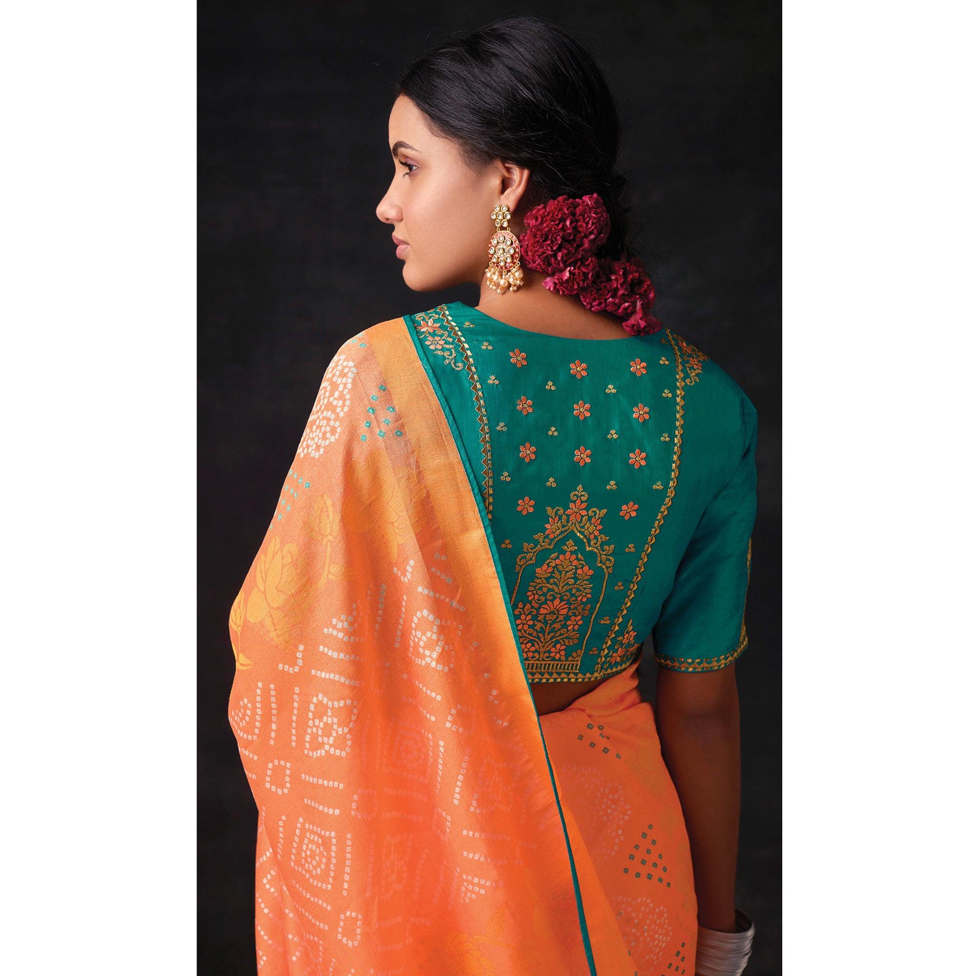 Peach Bandhani Printed Brasso Saree - Peachmode