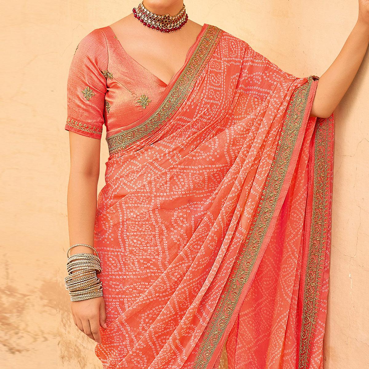 Peach Bandhani Printed Georgette Saree - Peachmode