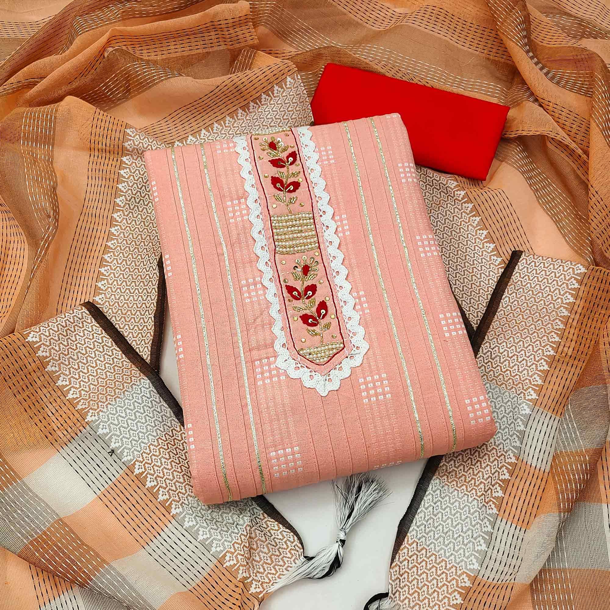 Peach Bandhani Printed With Embellished Poly Cotton Dress Material - Peachmode