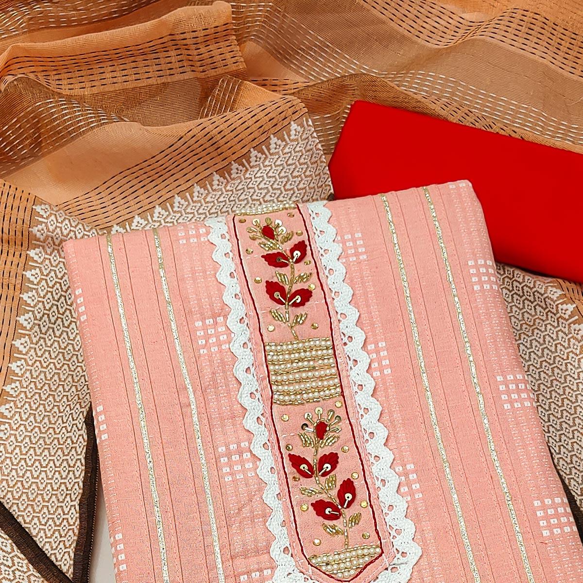 Peach Bandhani Printed With Embellished Poly Cotton Dress Material - Peachmode