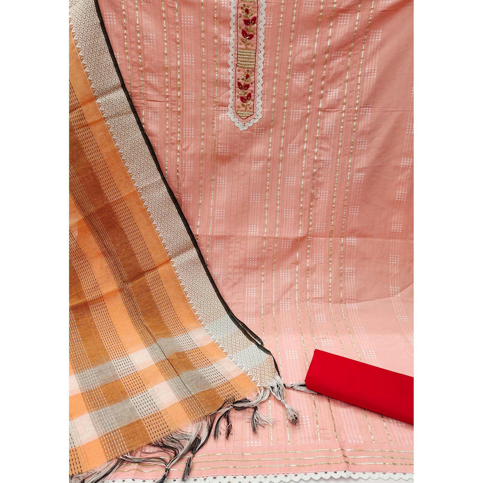 Peach Bandhani Printed With Embellished Poly Cotton Dress Material - Peachmode