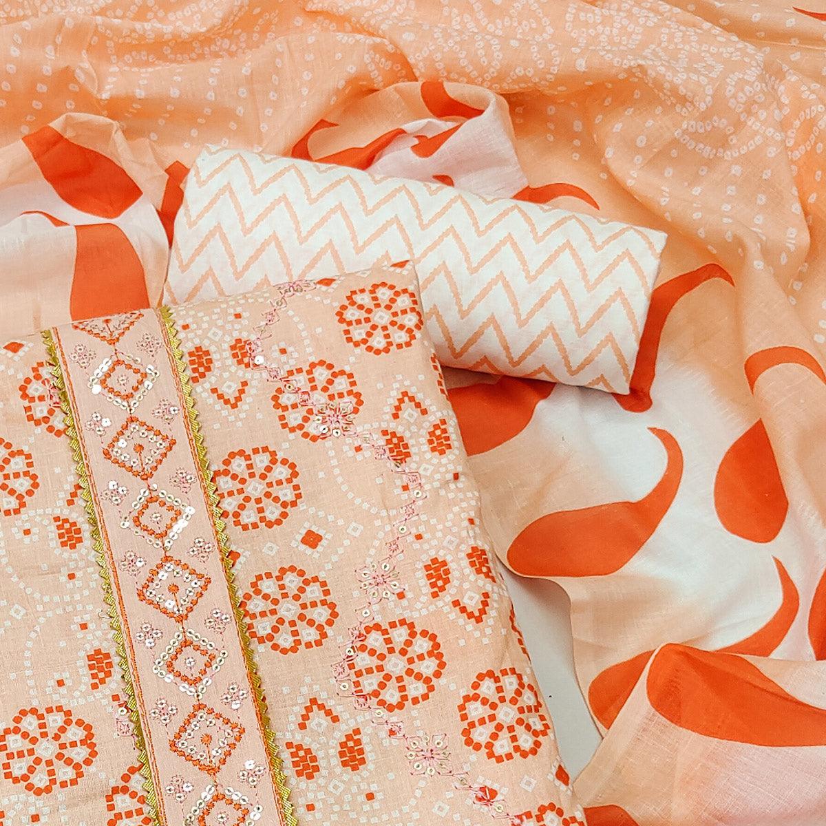 Peach Bandhani Printed With Embroidered Poly Cotton Dress Material - Peachmode