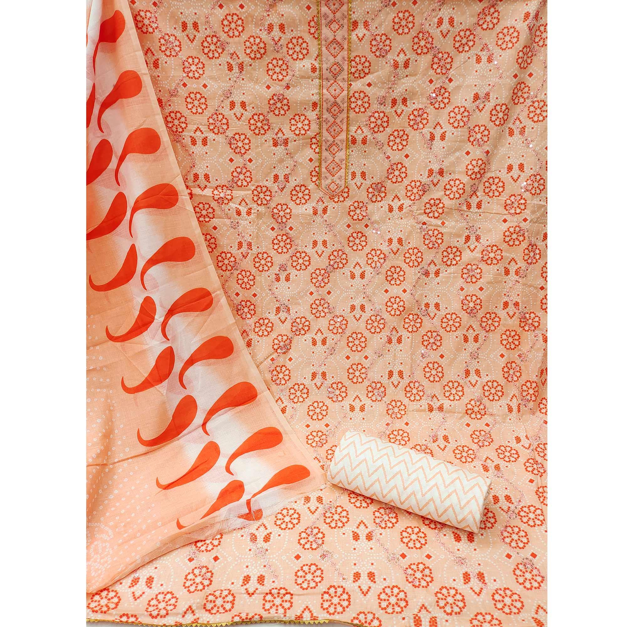 Peach Bandhani Printed With Embroidered Poly Cotton Dress Material - Peachmode