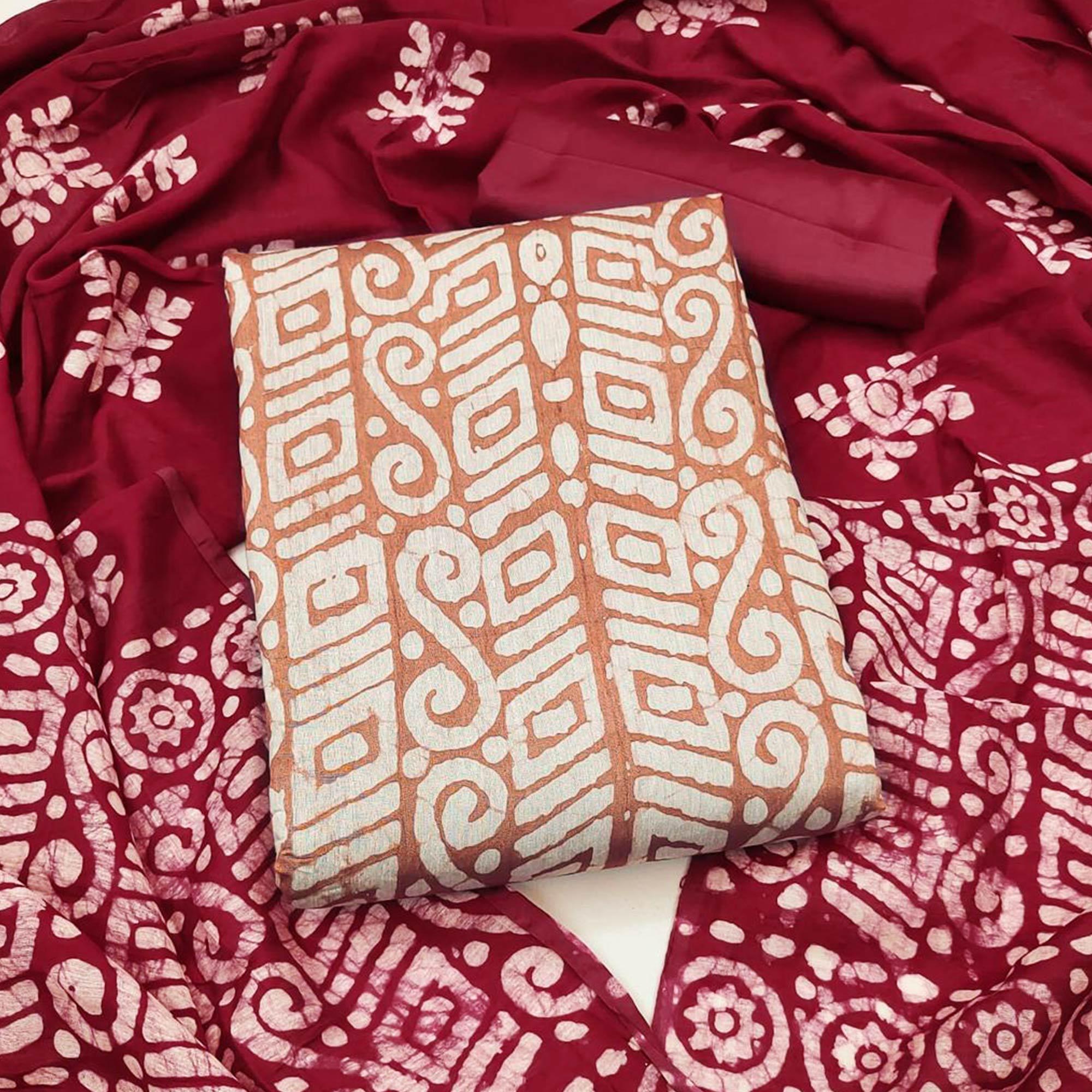 Peach Batik Printed Poly Cotton Dress Material - Peachmode