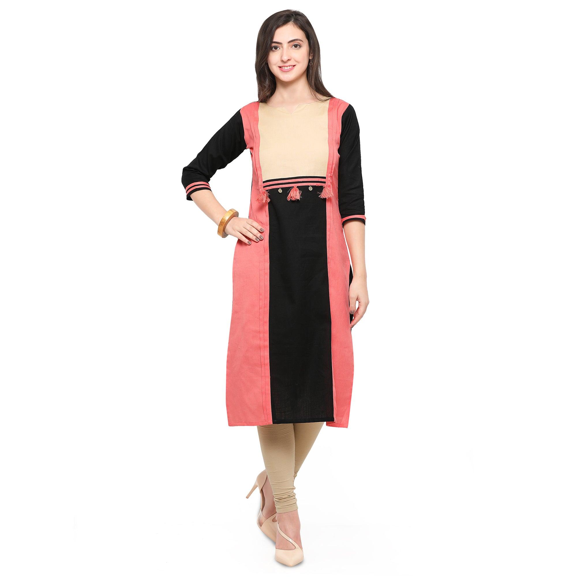 Peach-Black Colored Casual Cotton Kurti - Peachmode