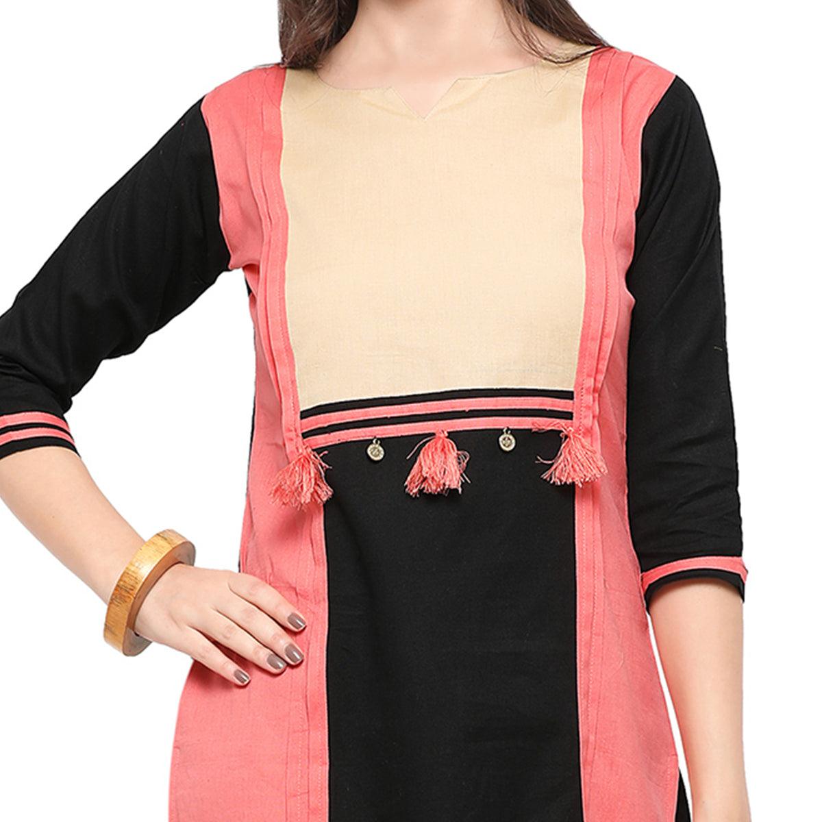 Peach-Black Colored Casual Cotton Kurti - Peachmode