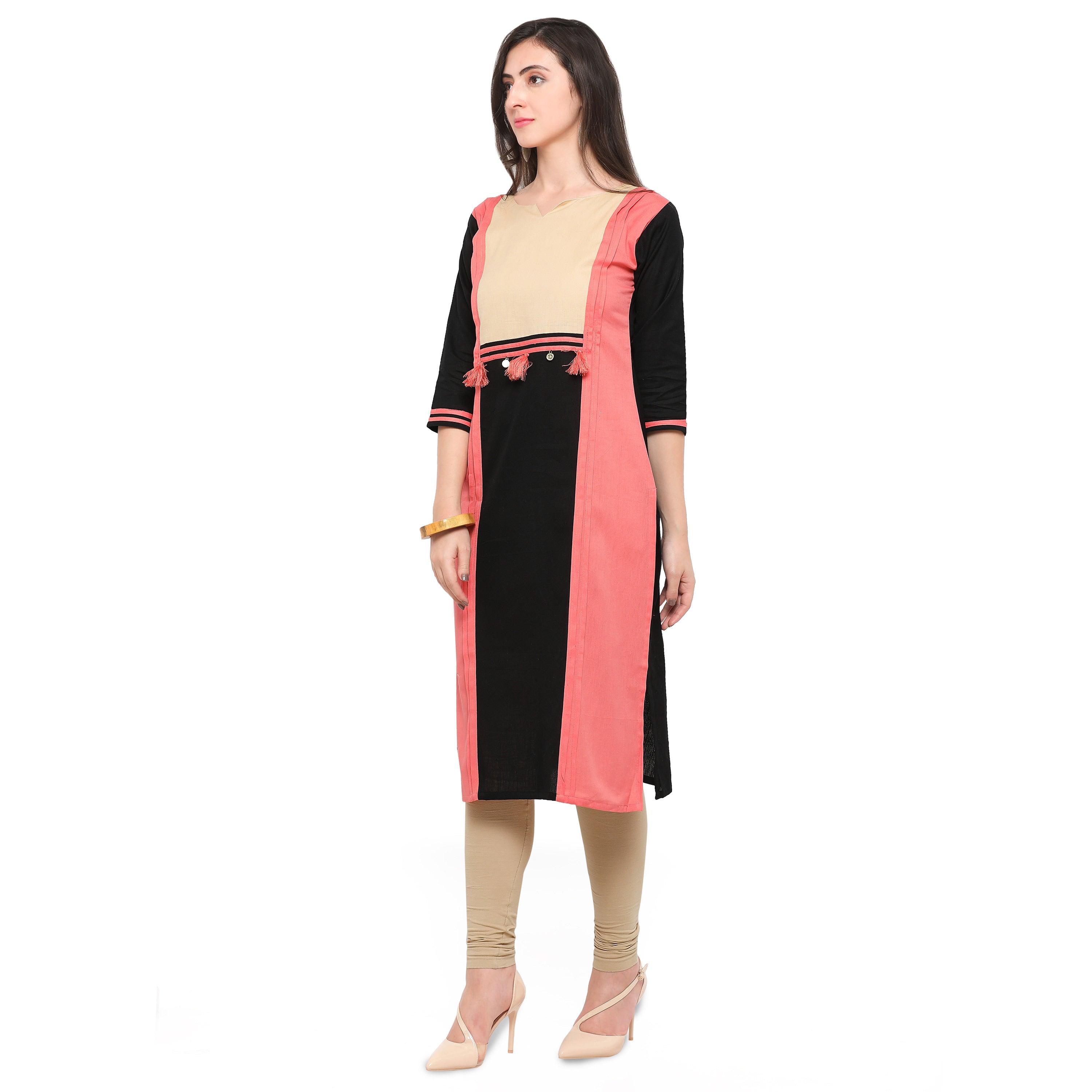 Peach-Black Colored Casual Cotton Kurti - Peachmode