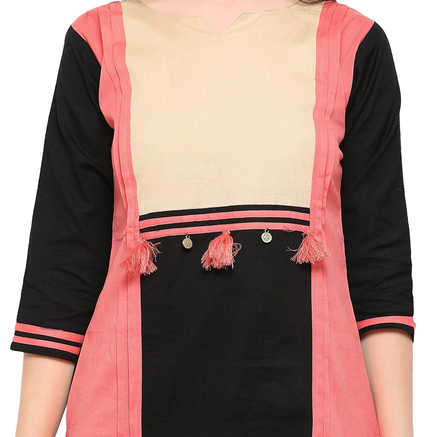 Peach-Black Colored Casual Cotton Kurti - Peachmode