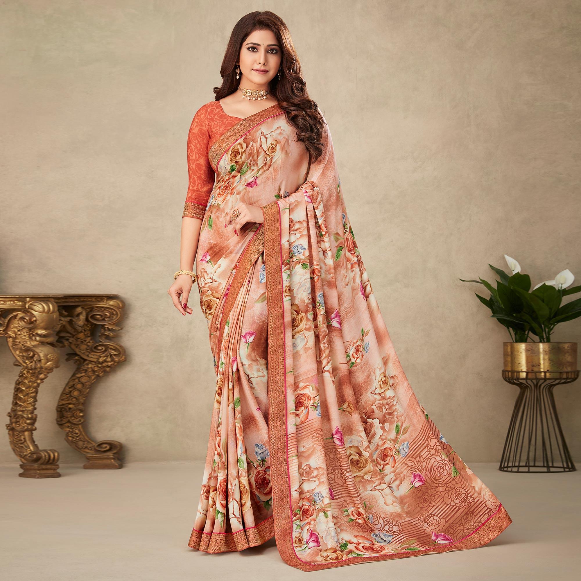 Peach- Brown Floral Printed Art Silk Saree - Peachmode