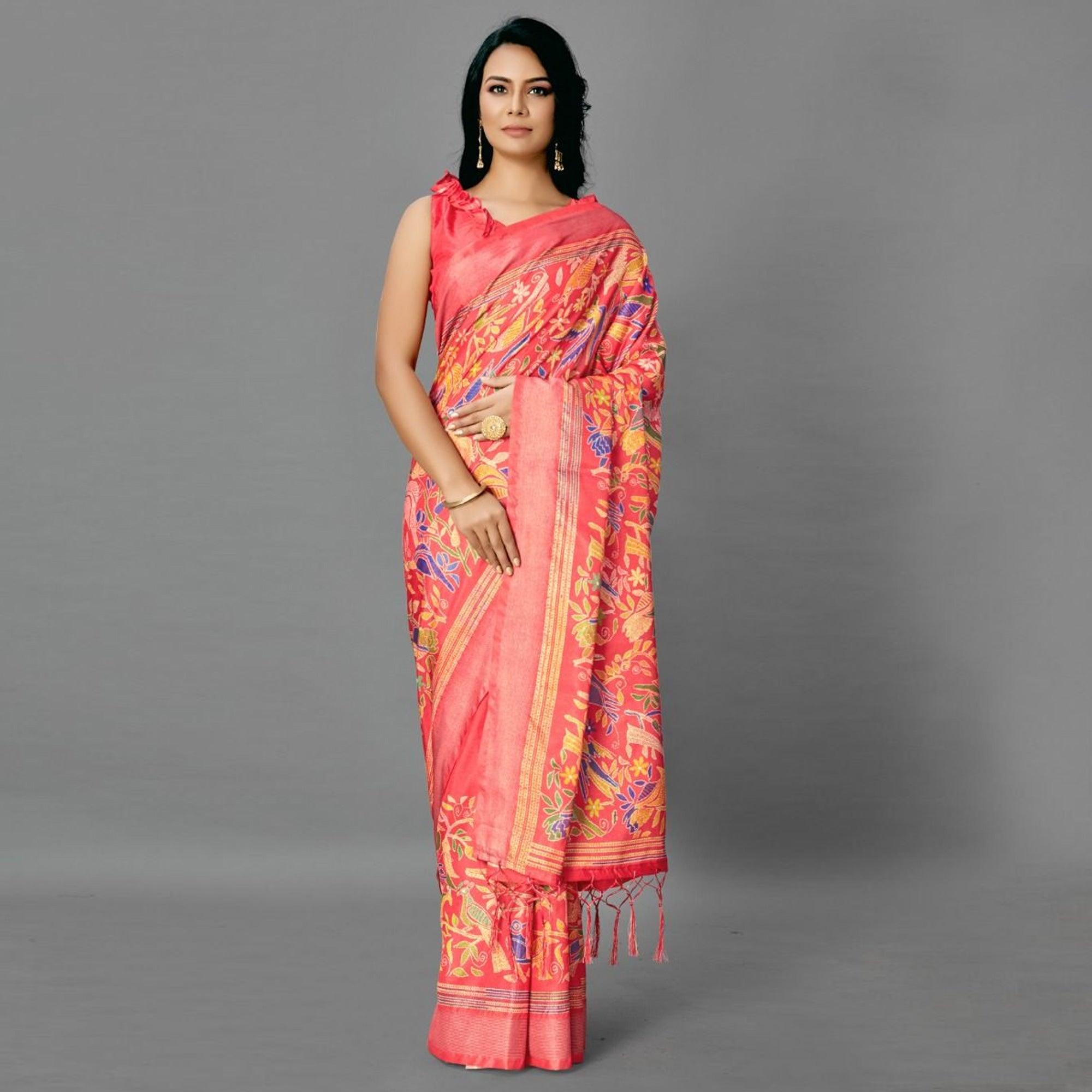 Peach Casual Art Silk Printed Saree With Unstitched Blouse - Peachmode